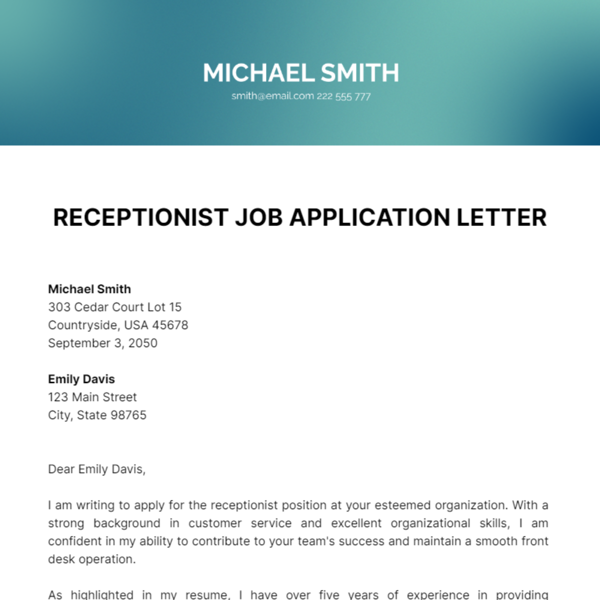 Receptionist Job Application Letter  Template