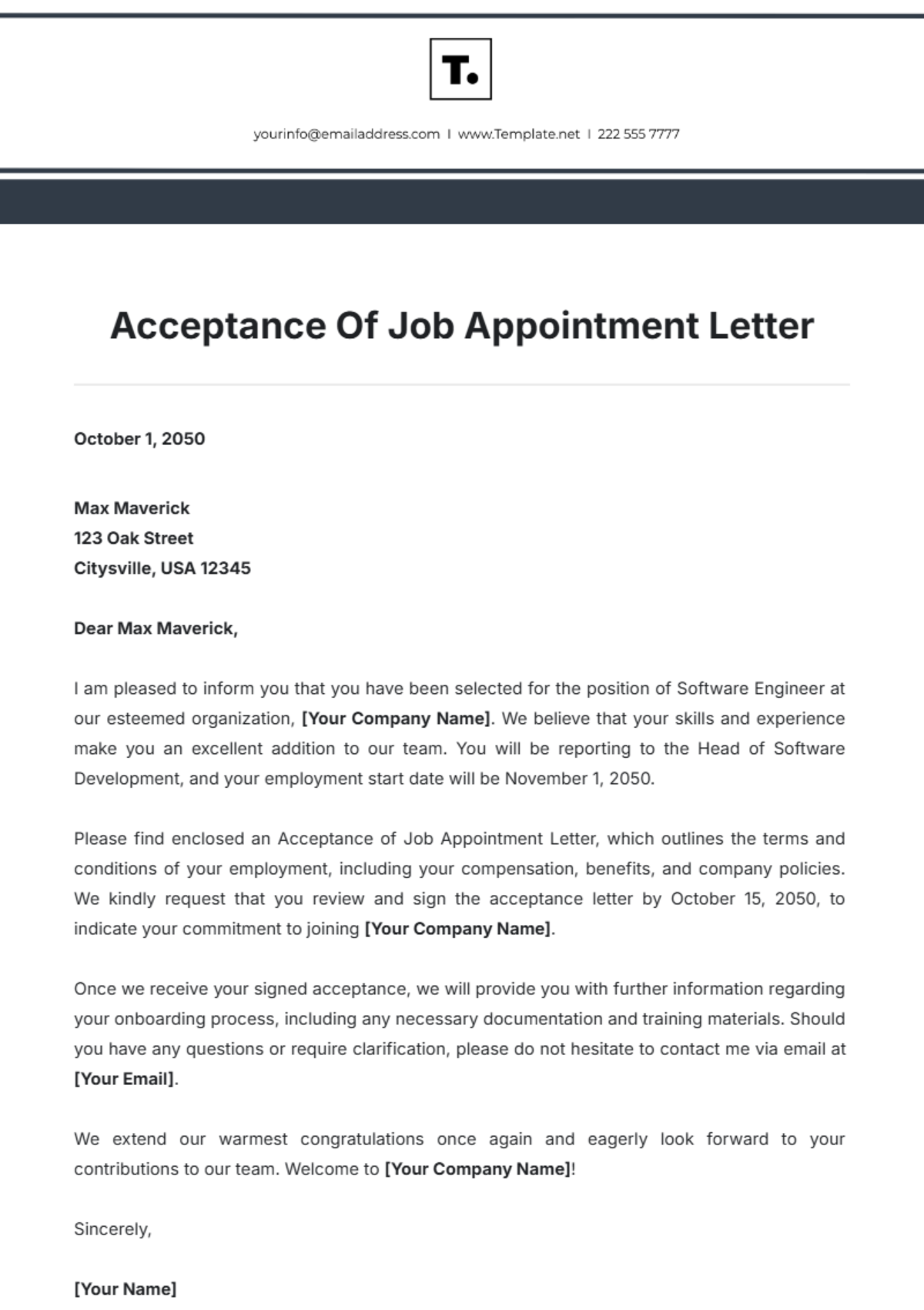 Acceptance Of Job Appointment Letter Template - Edit Online & Download