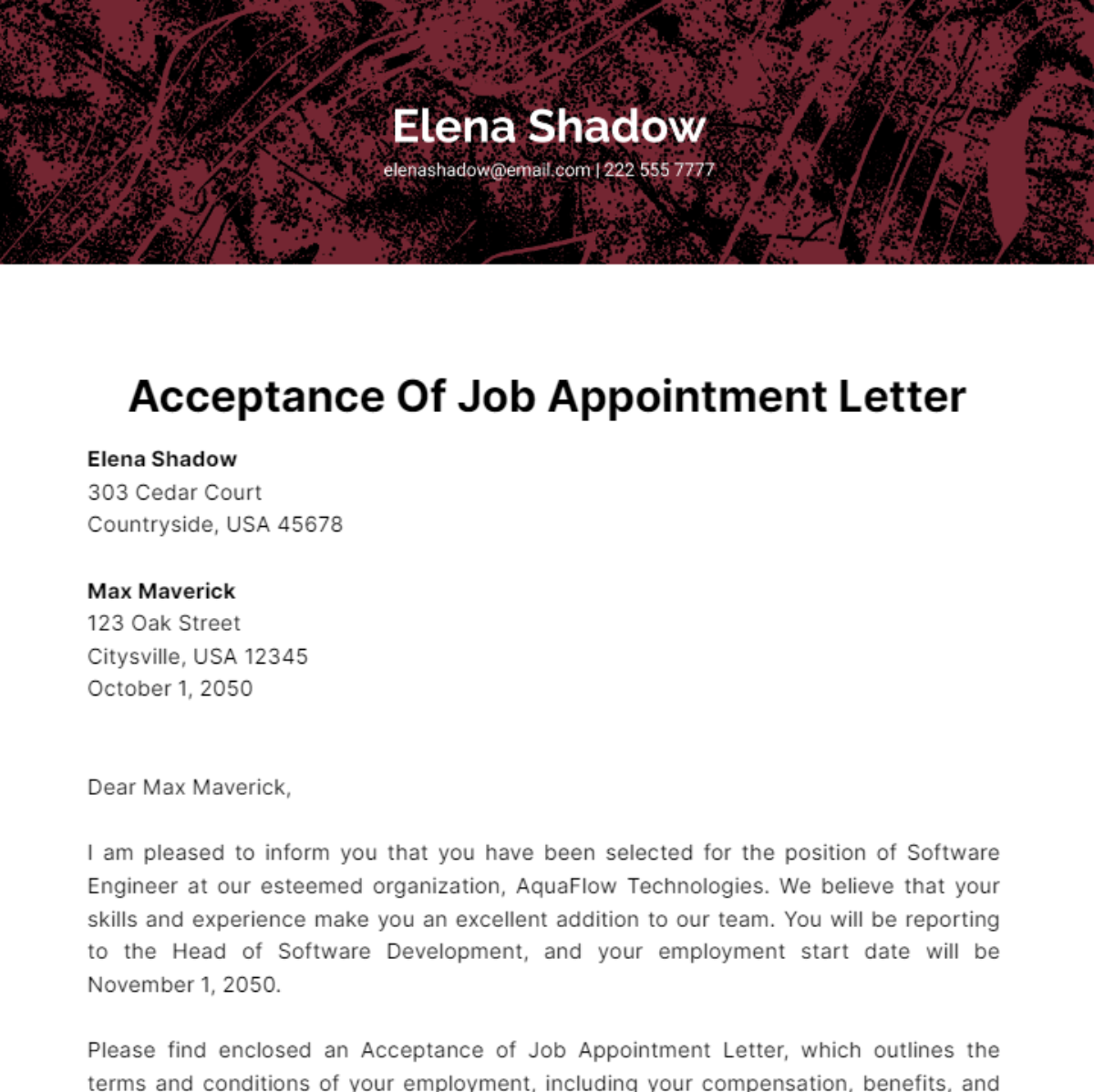 Free Acceptance Of Job Appointment Letter Template