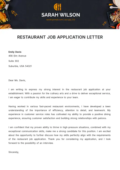 Free Restaurant Job Application Letter  Template to Edit Online