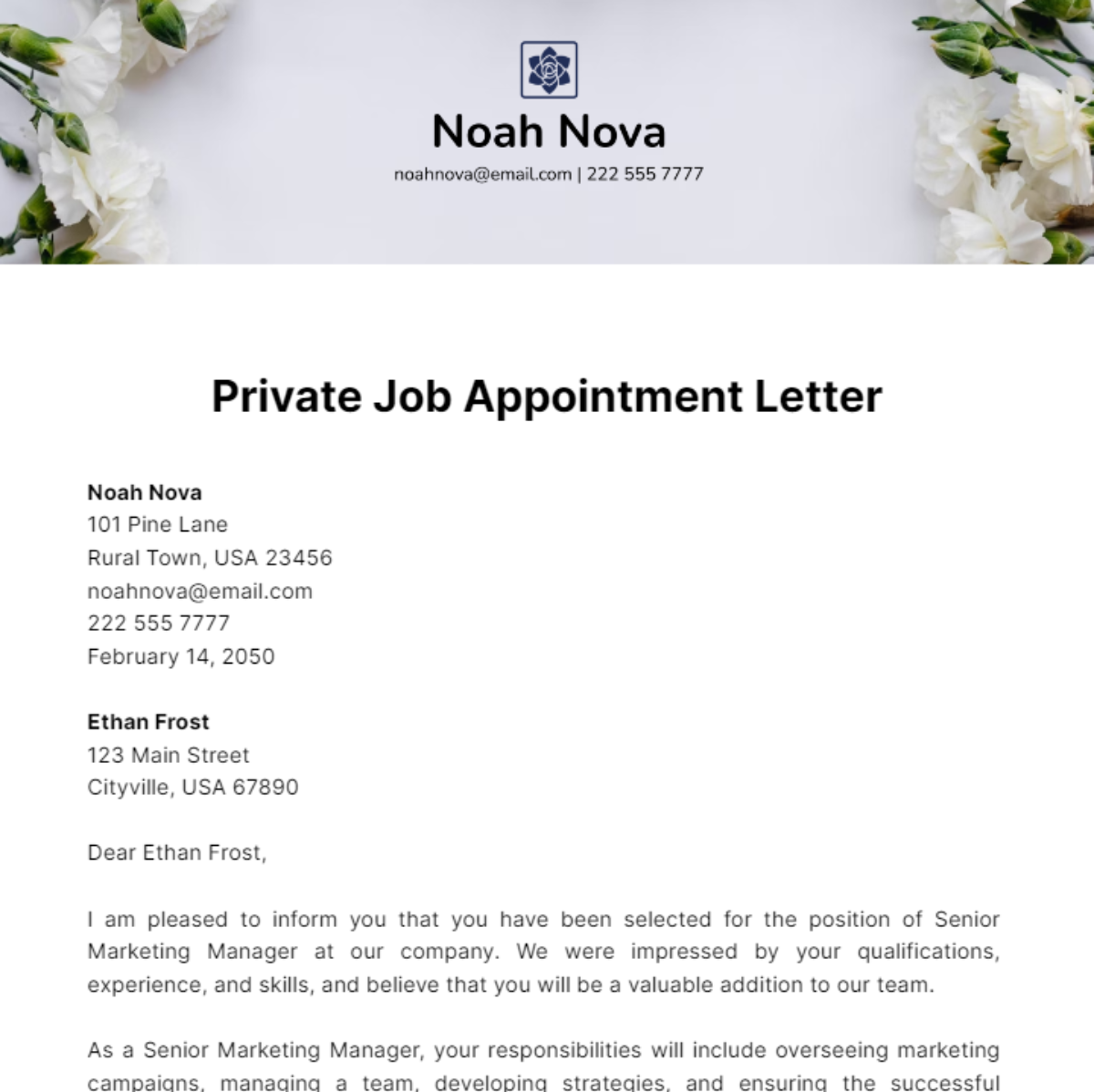 Private Job Appointment Letter Template