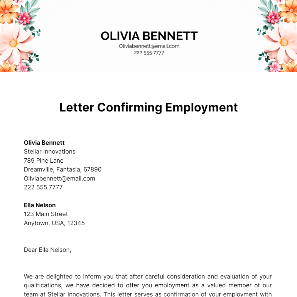 Letter Confirming Employment Template