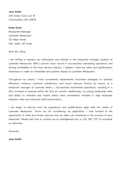 Free Restaurant Manager Job Application Letter  Template to Edit Online