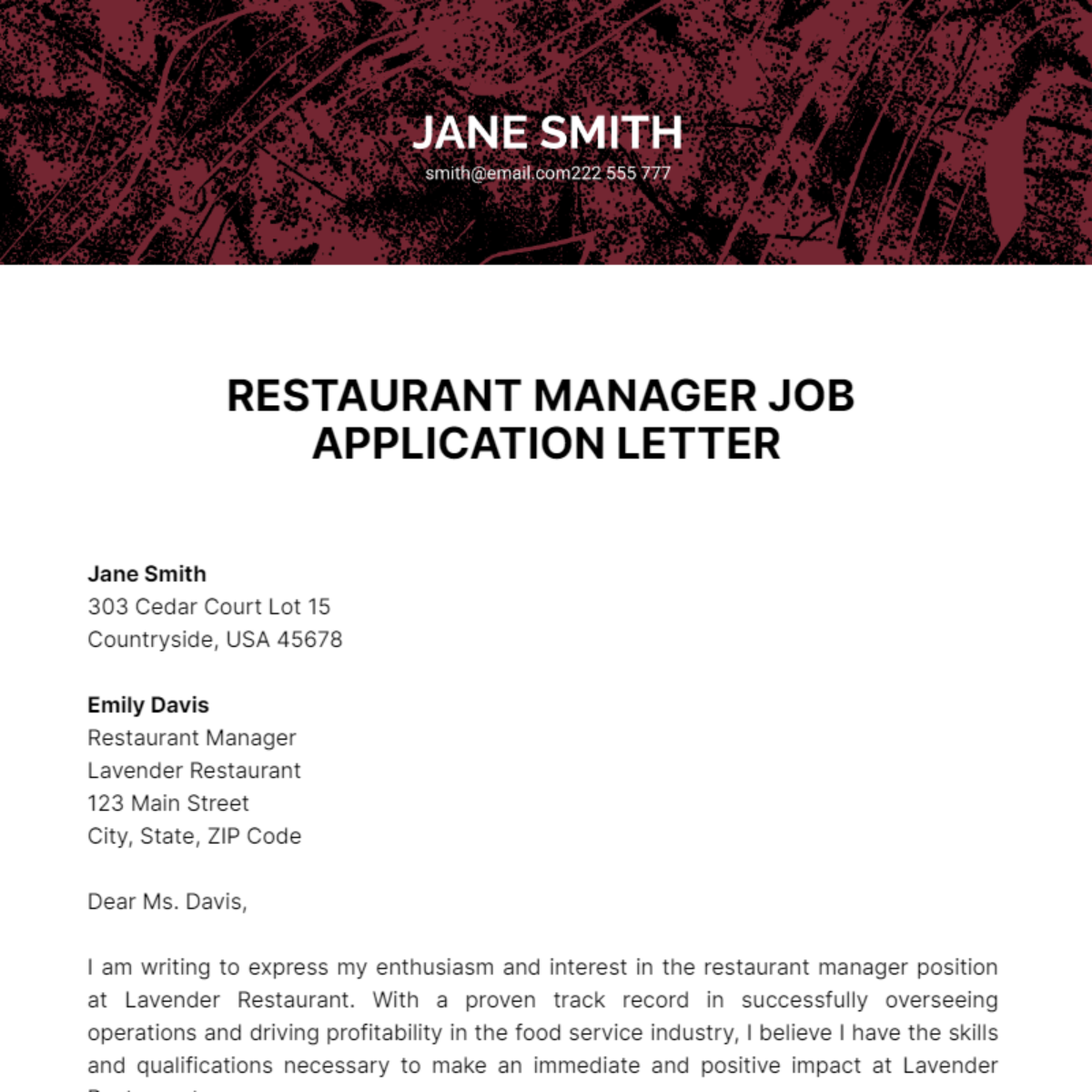 Restaurant Manager Job Application Letter  Template
