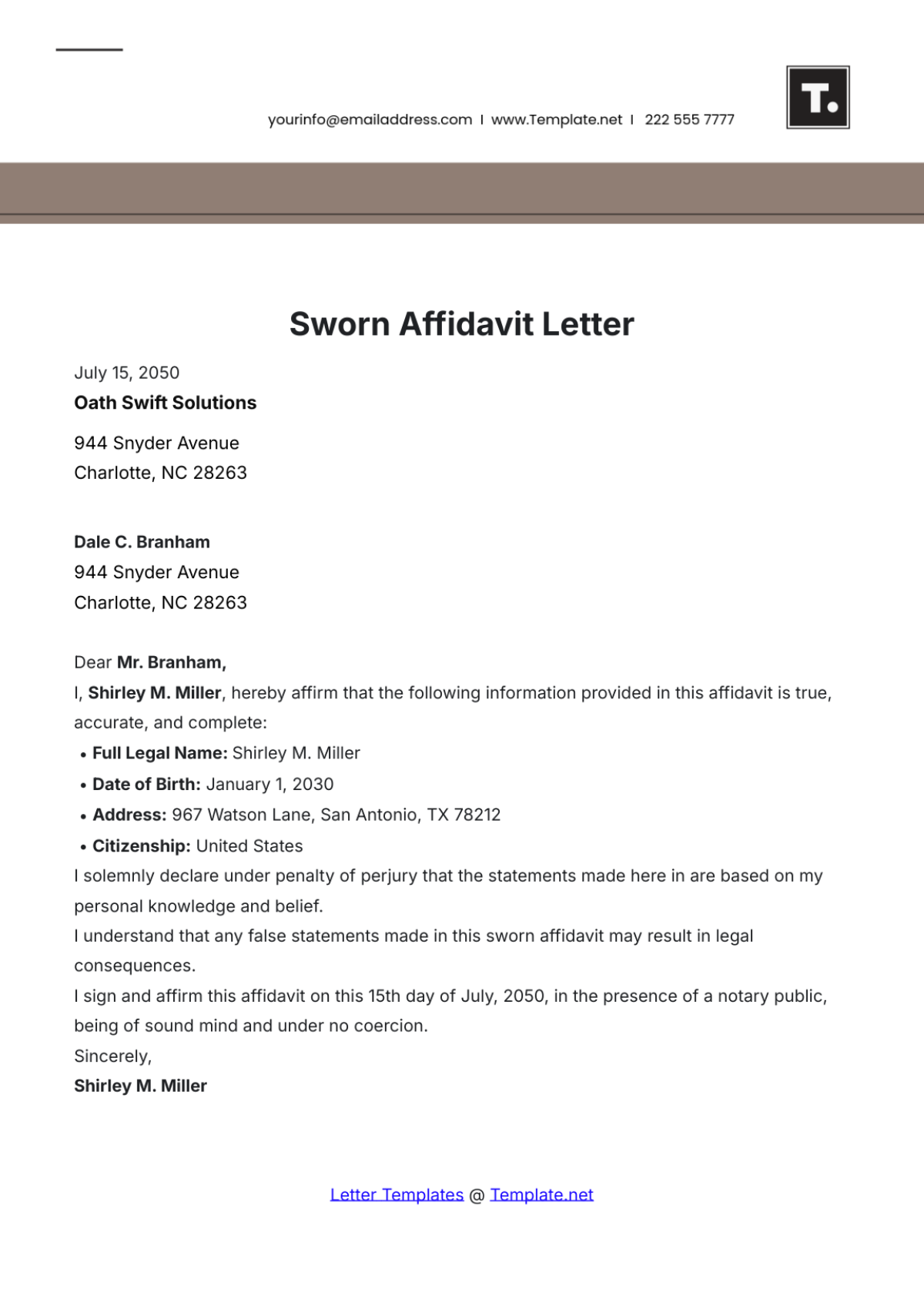 Sworn Affidavit Letter Template - Edit Online & Download