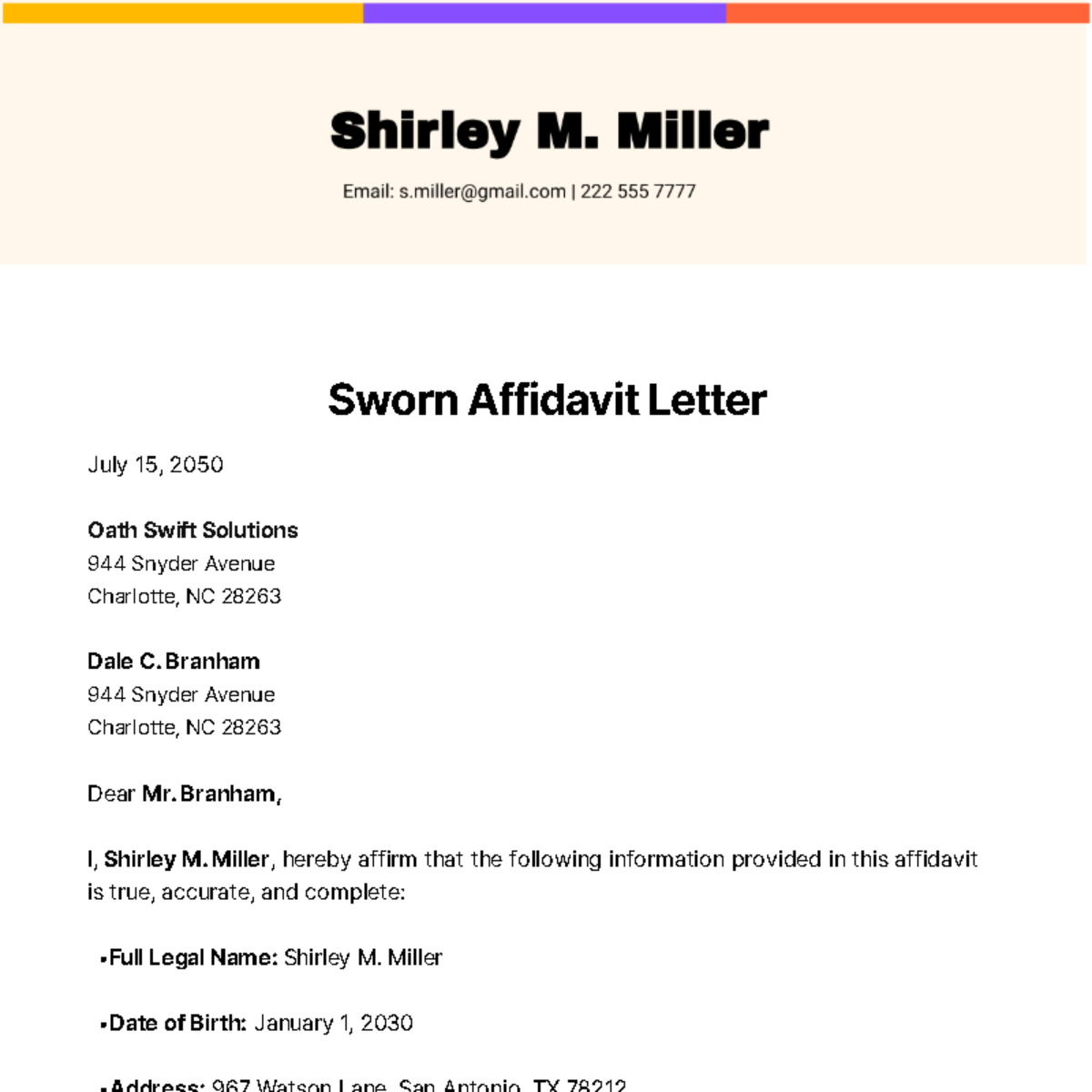 Sworn Affidavit Letter Template