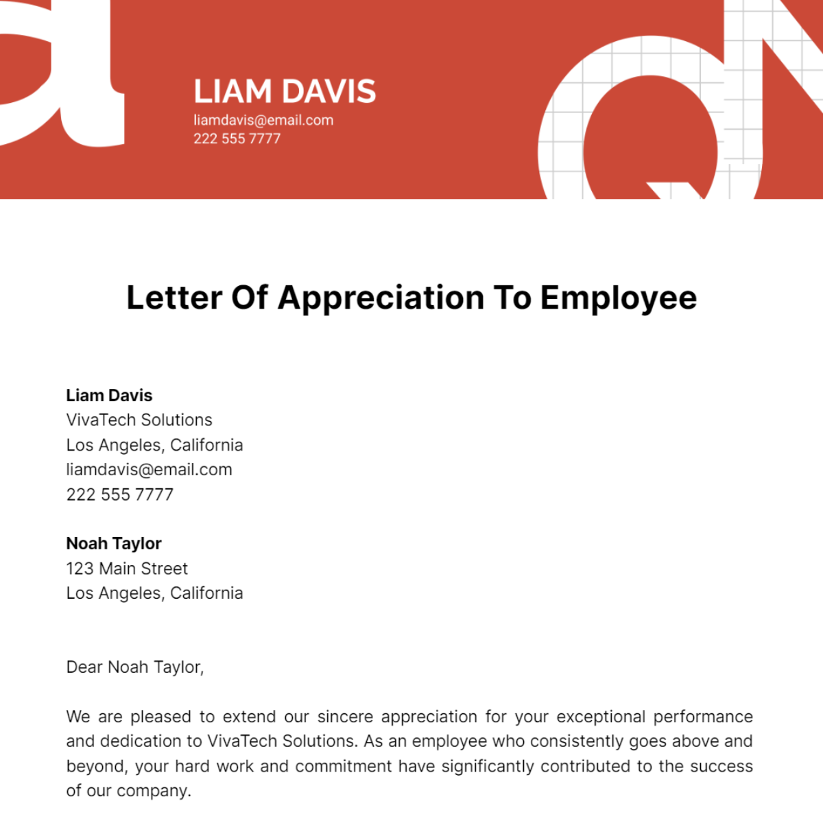 Letter of Appreciation To Employee Template