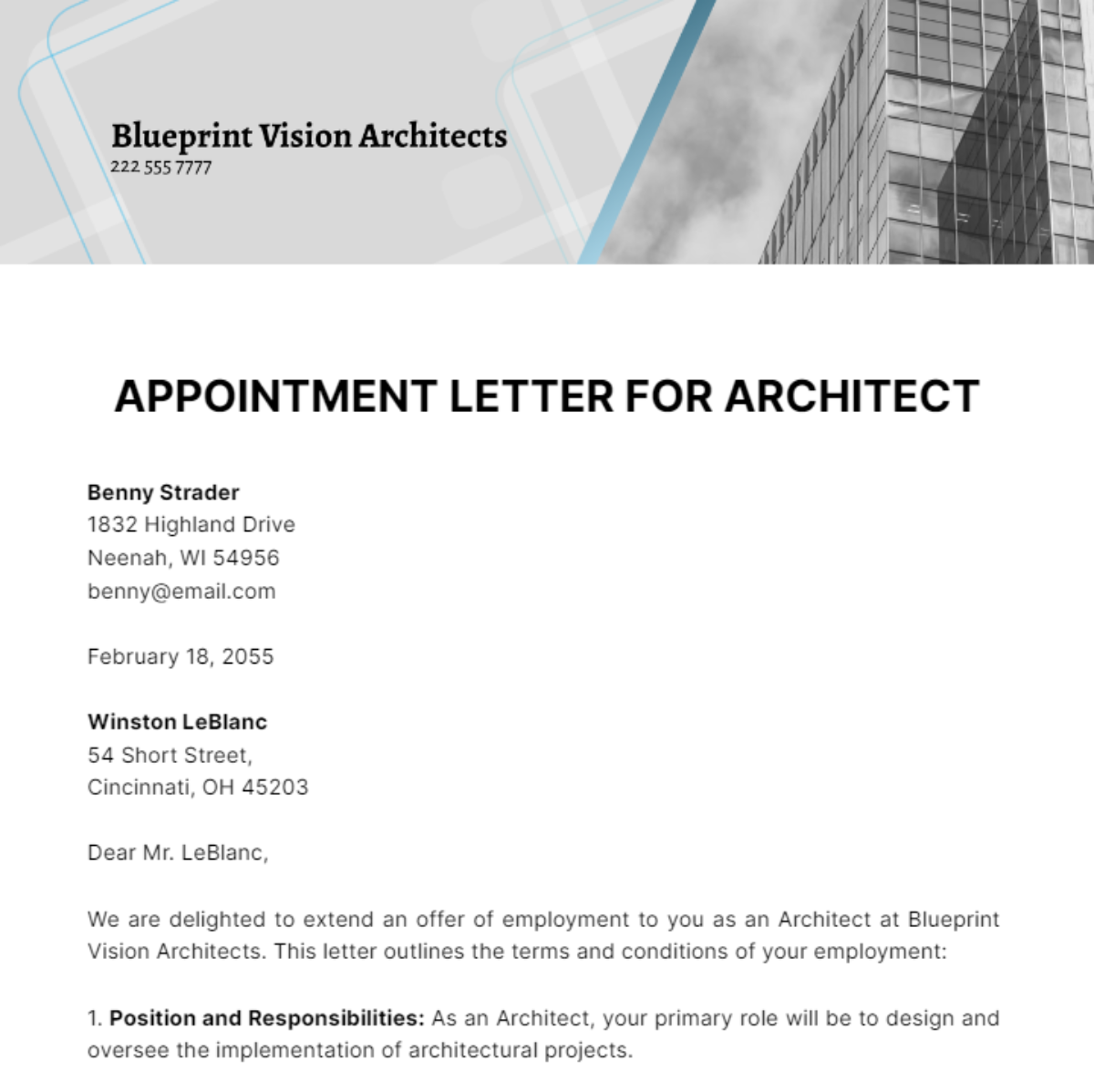 Free Appointment Letter for Architect Template