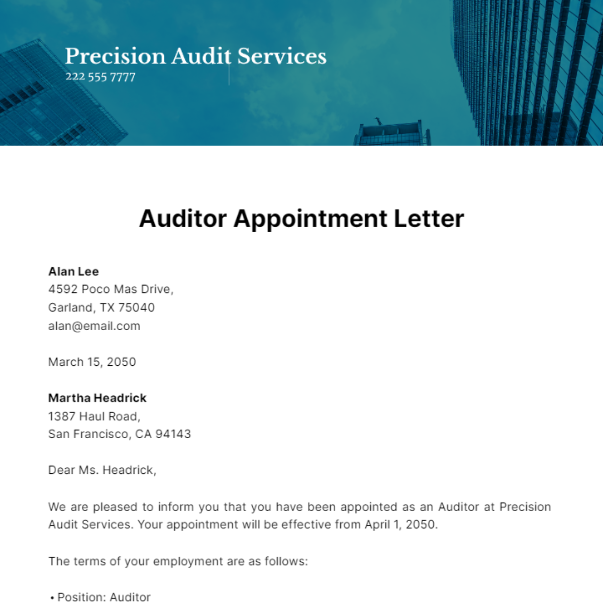 Auditor Appointment Letter Template