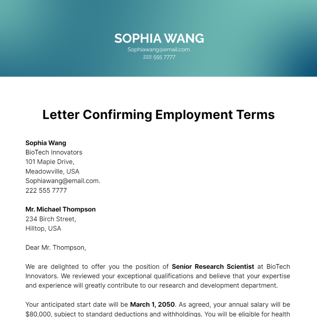 Letter Confirming Employment Terms Template