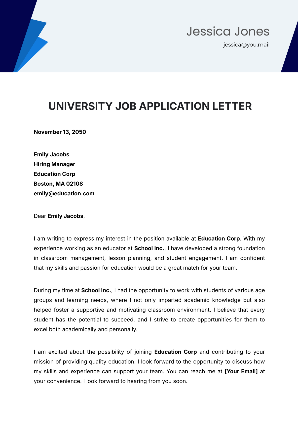 University Job Application Letter Template - Edit Online & Download