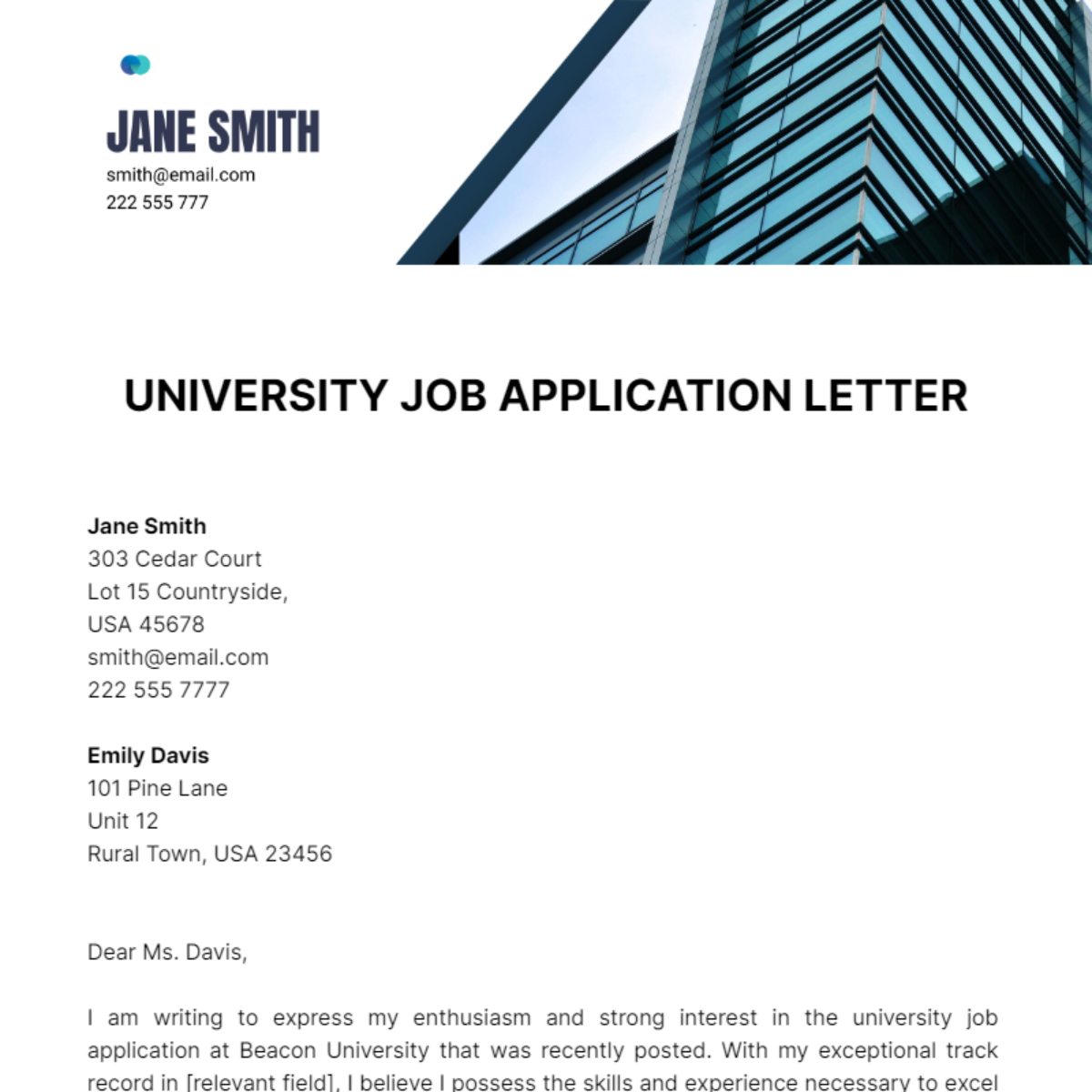 University Job Application Letter  Template