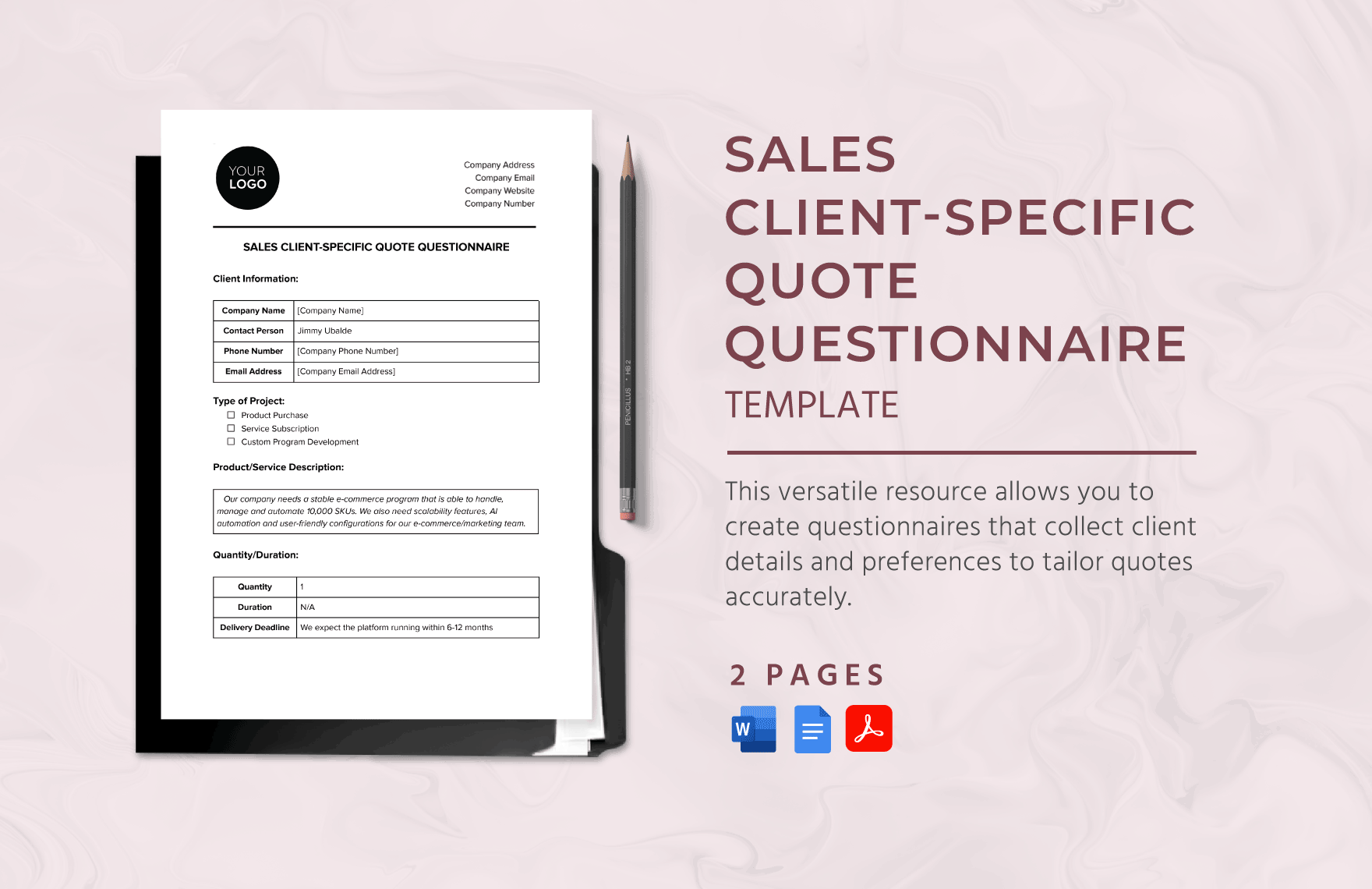Sales Client-specific Quote Questionnaire Template in Word, Google Docs, PDF