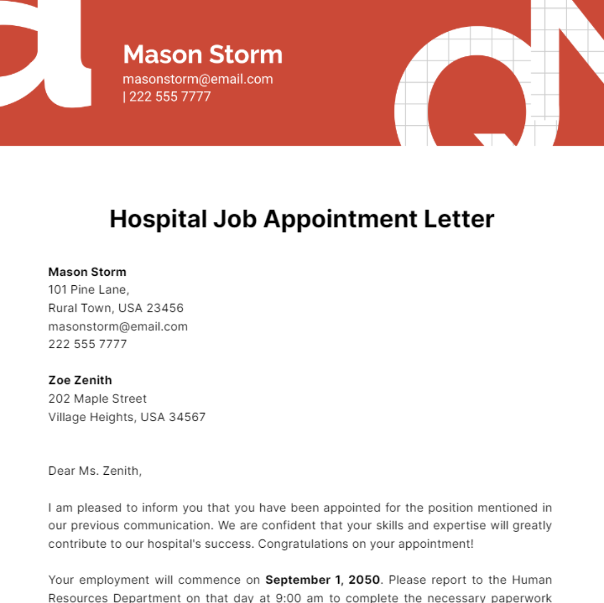 Hospital Job Appointment Letter Template