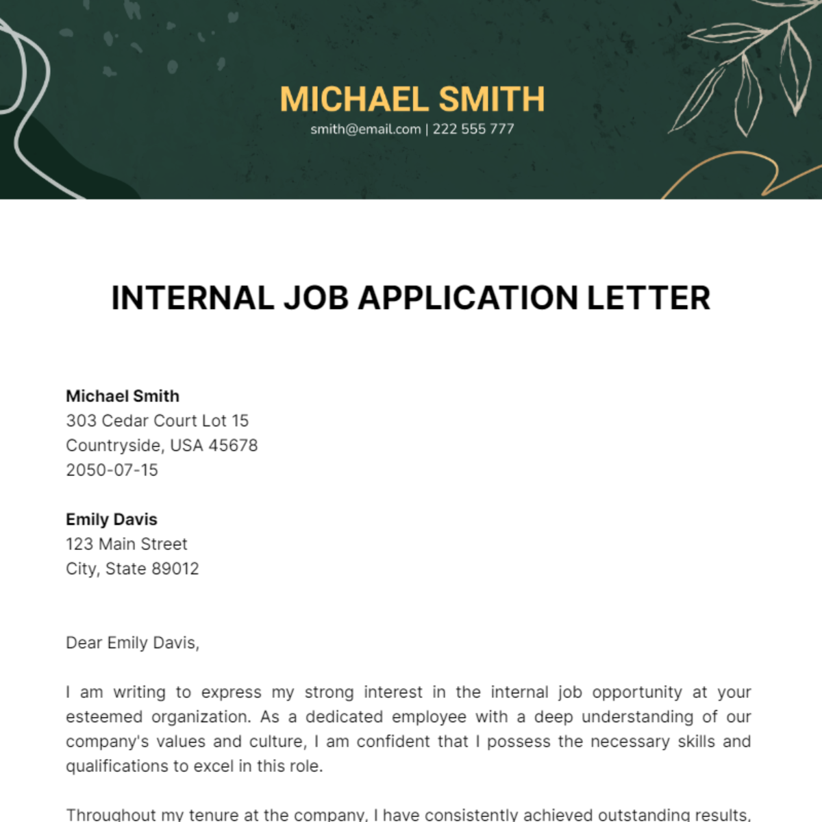Internal Job Application Letter  Template
