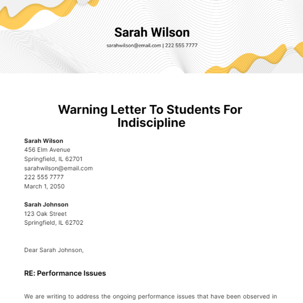Free Warning Letter To Students For Indiscipline Template