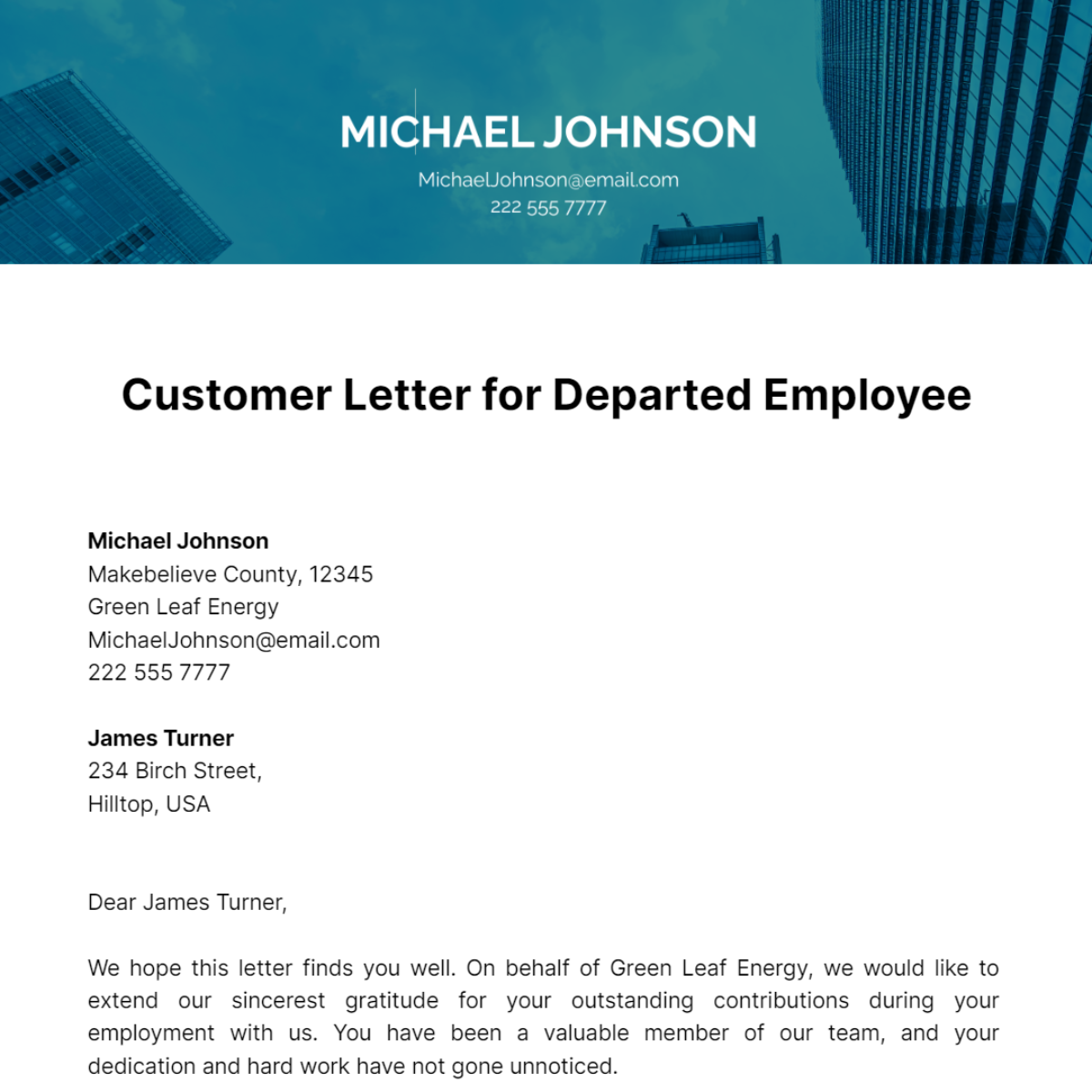 Customer Letter For Departed Employee Template