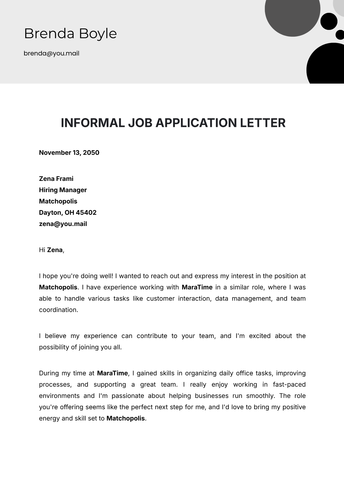 Informal Job Application Letter Template - Edit Online & Download