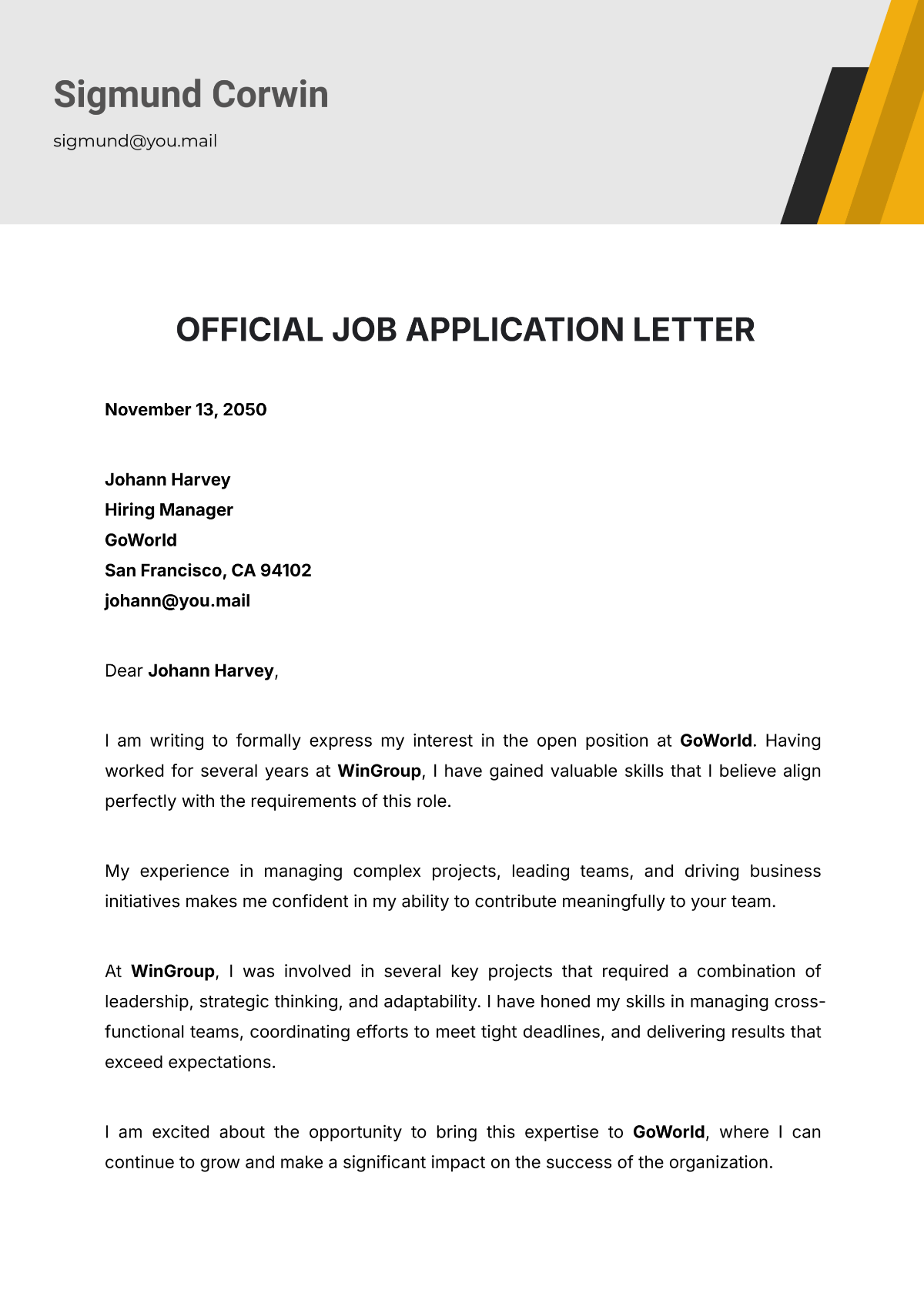 Official Job Application Letter Template - Edit Online & Download