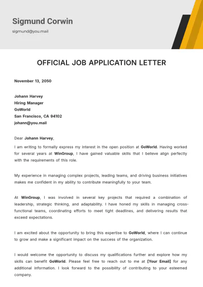 Free Official Job Application Letter Template to Edit Online