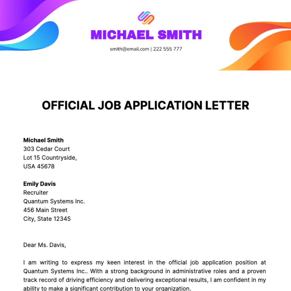 Official Job Application Letter  Template