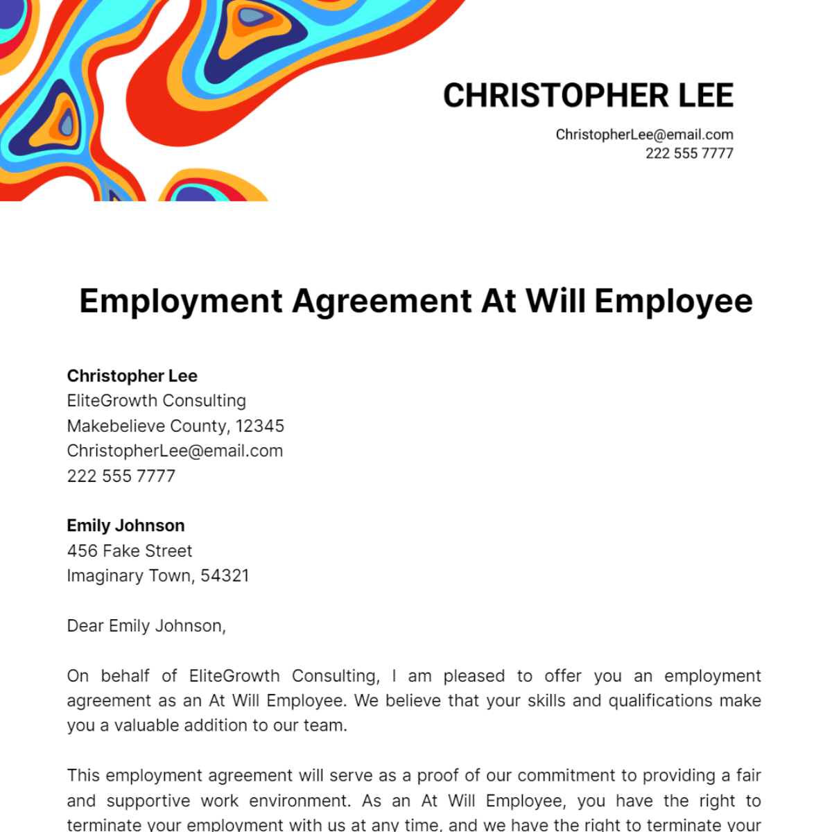 Employment Agreement At Will Employee Template