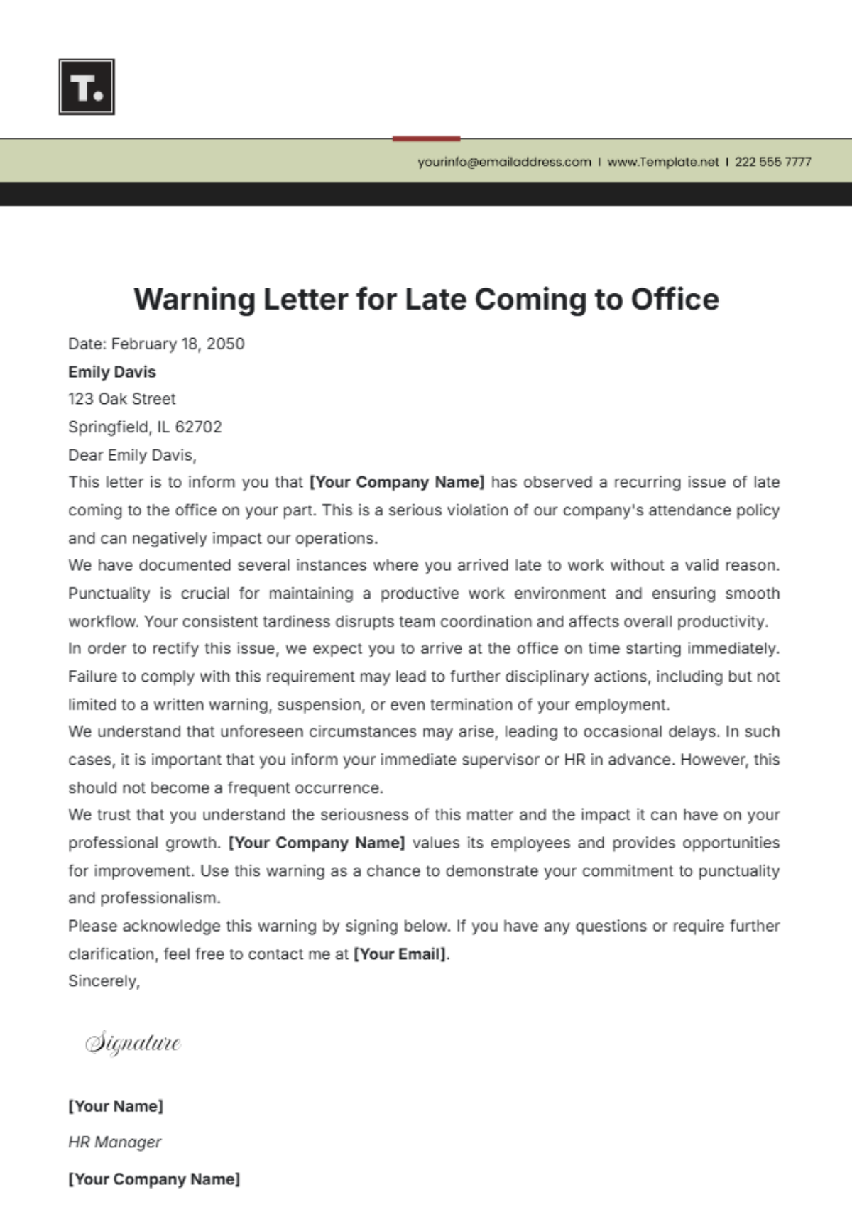 Warning Letter For Late Coming To Office Template - Edit Online & Download