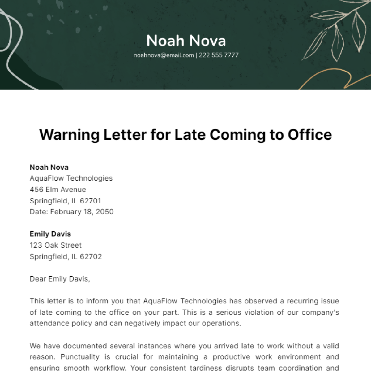 Free Warning Letter For Late Coming To Office Template