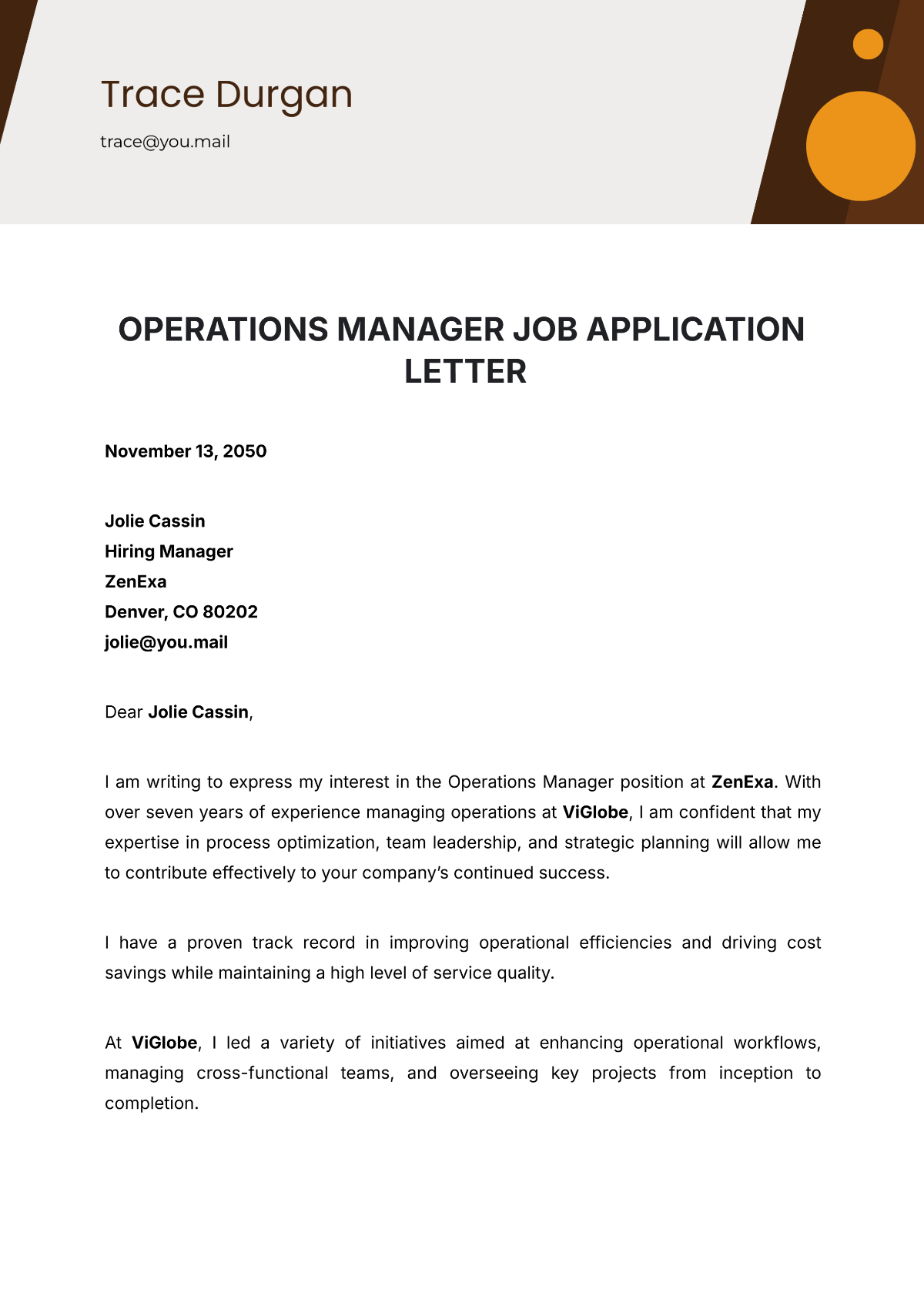 Operations Manager Job Application Letter Template - Edit Online & Download