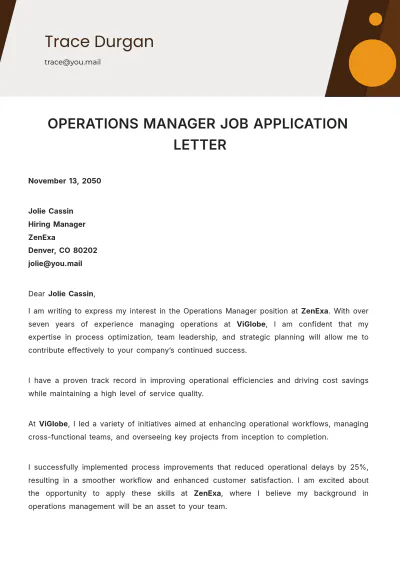 Free Operations Manager Job Application Letter Template to Edit Online