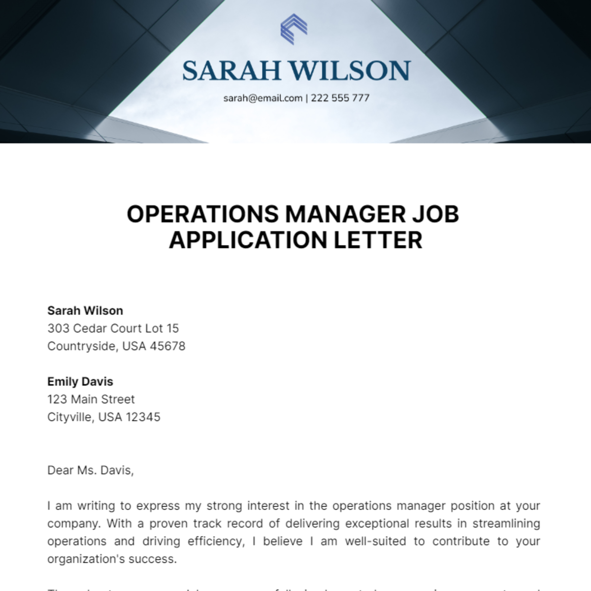 Operations Manager Job Application Letter  Template