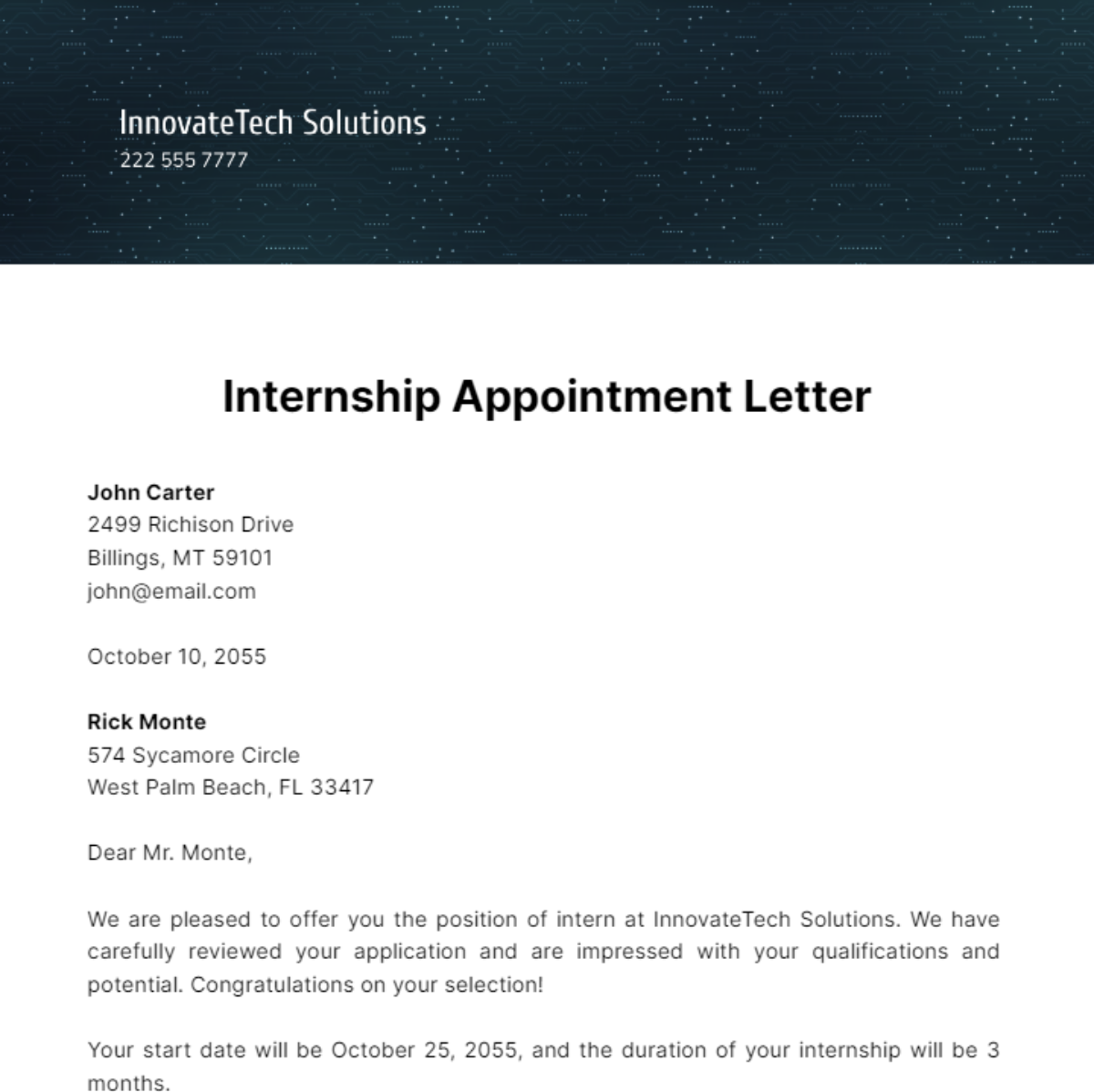 Internship Appointment Letter Template