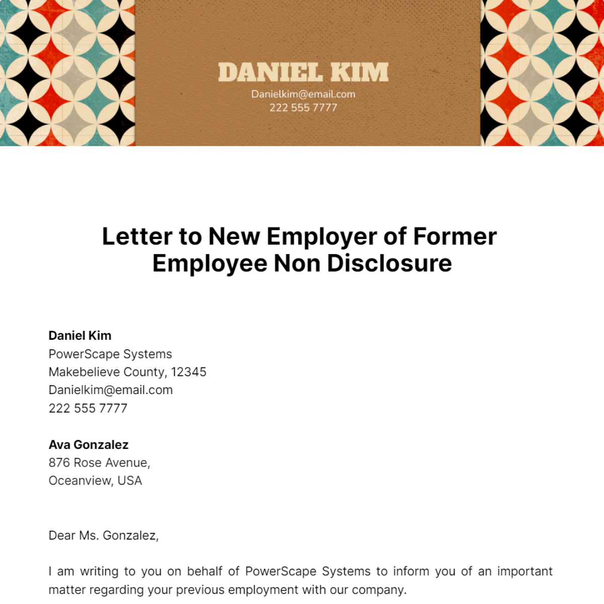 Letter To New Employer Of Former Employee Non Disclosure Template