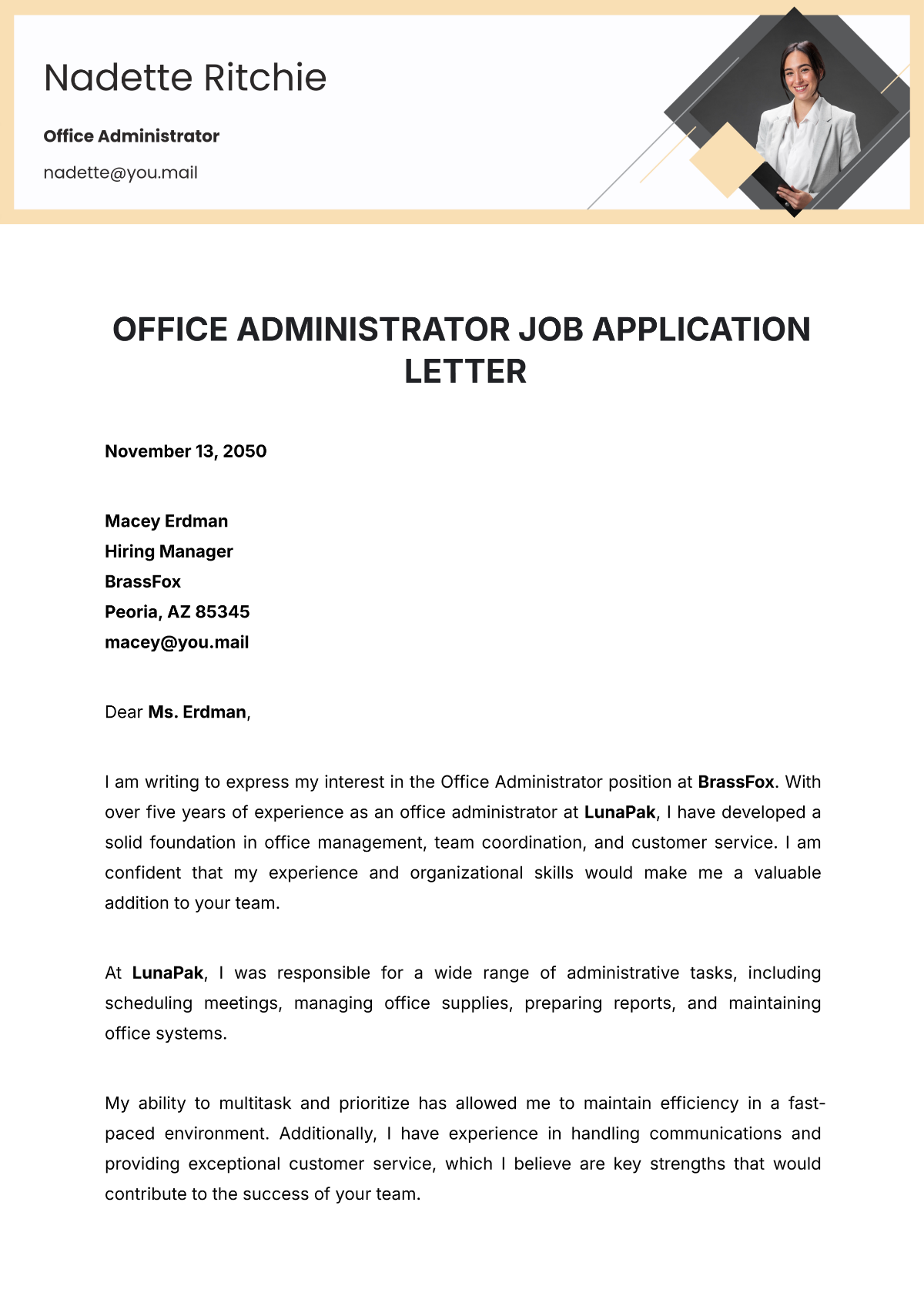 Office Administrator Job Application Letter Template - Edit Online & Download