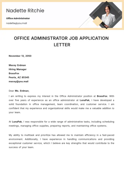 Free Office Administrator Job Application Letter Template to Edit Online