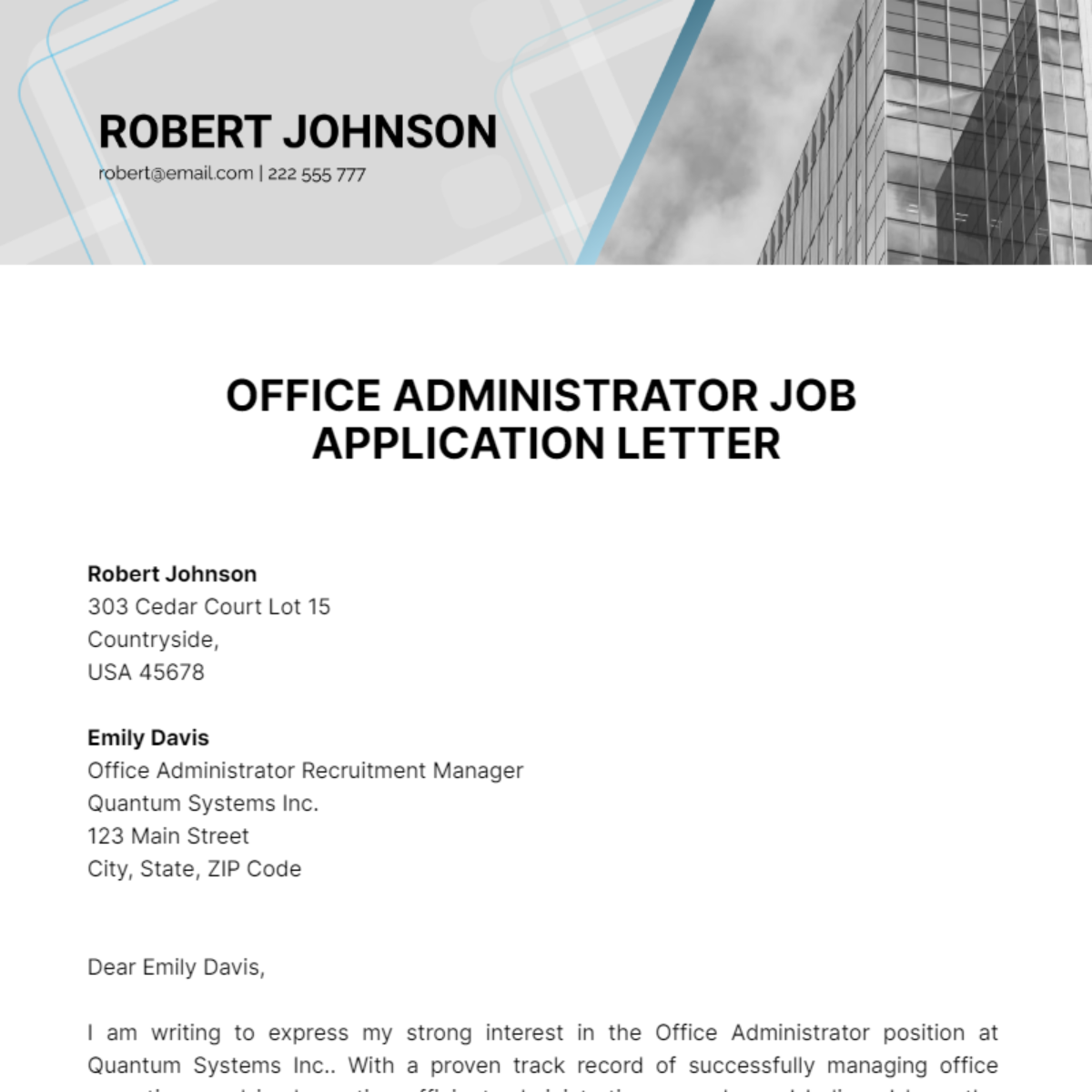 Office Administrator Job Application Letter  Template