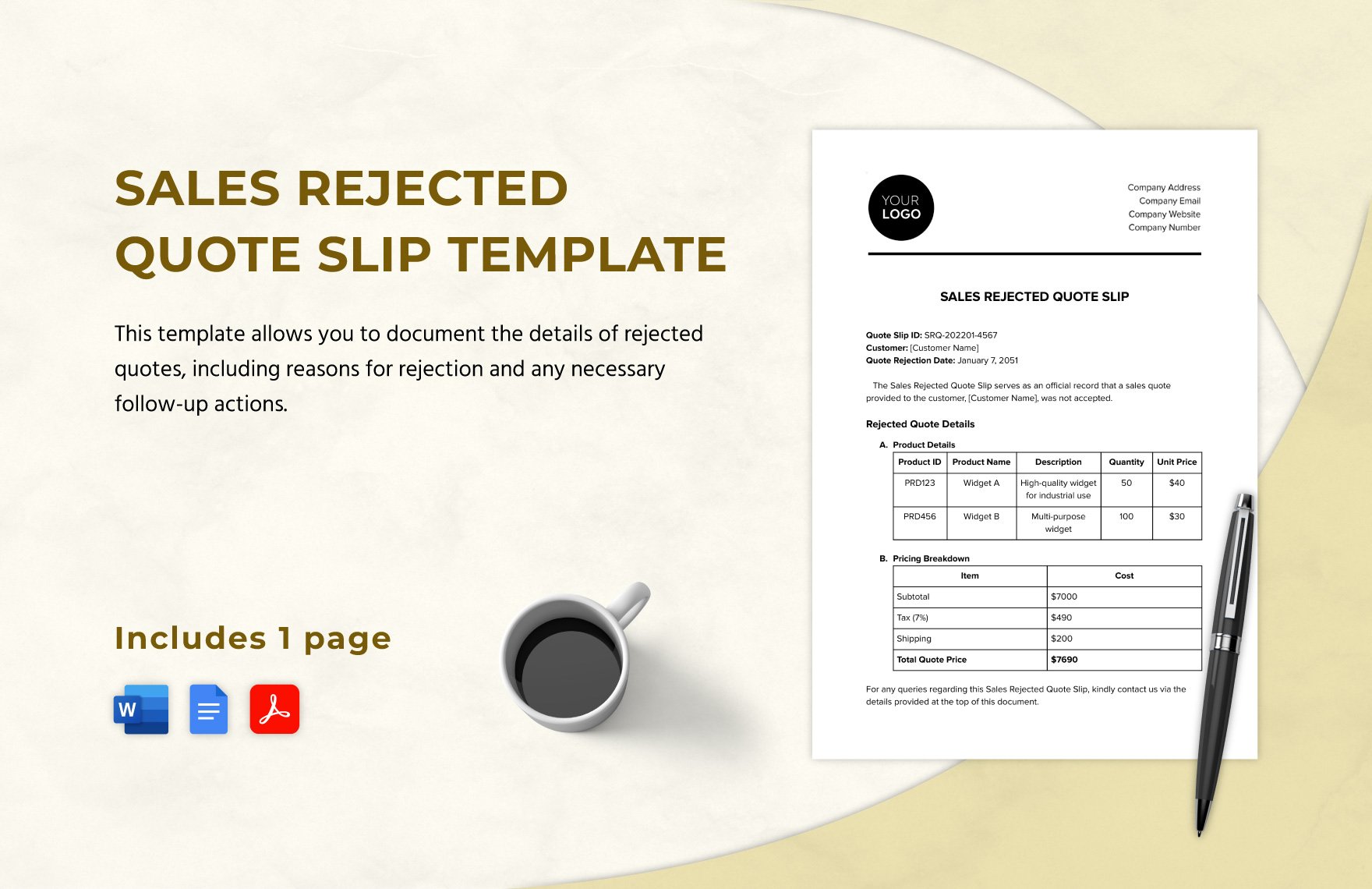 Sales Rejected Quote Slip Template in Word, Google Docs, PDF