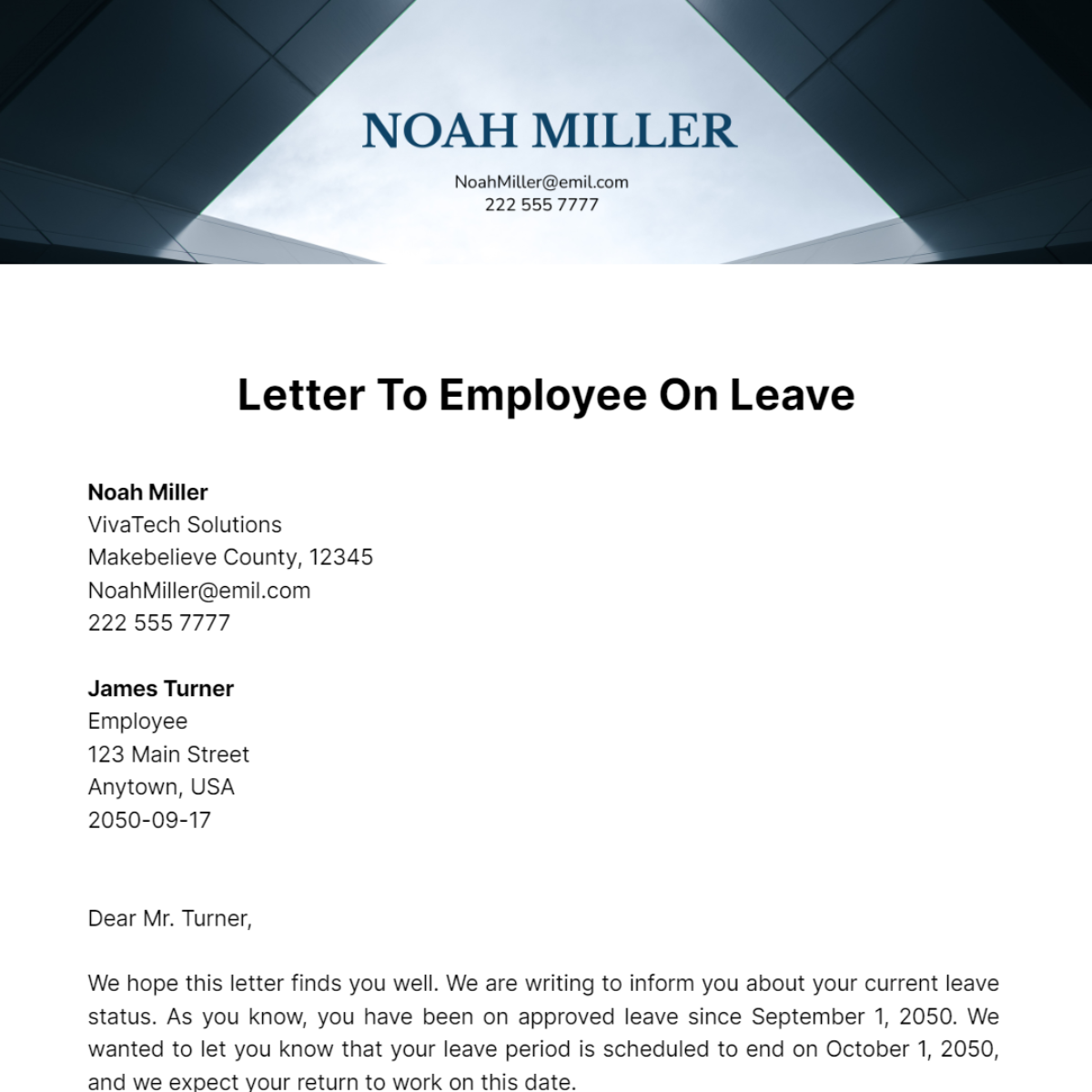 Letter To Employee On Leave Template