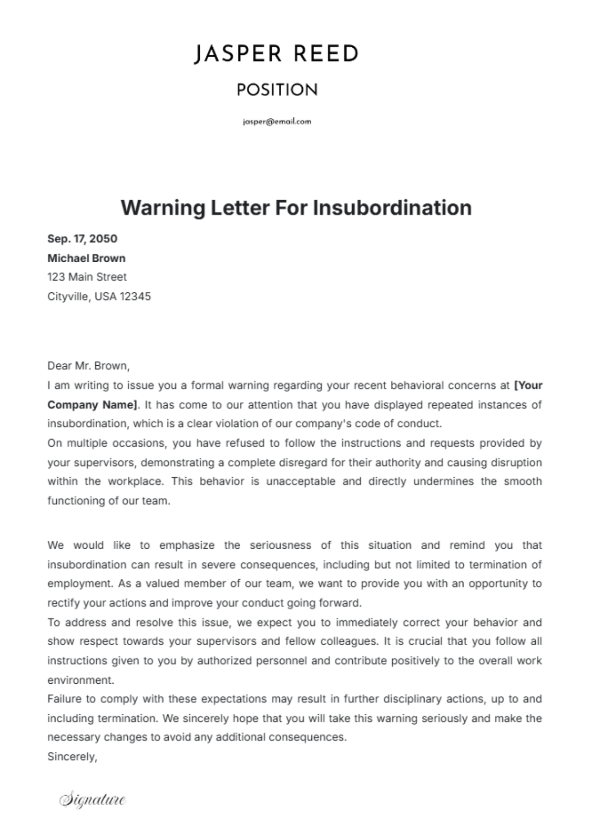 Warning Letter For Insubordination Template - Edit Online & Download