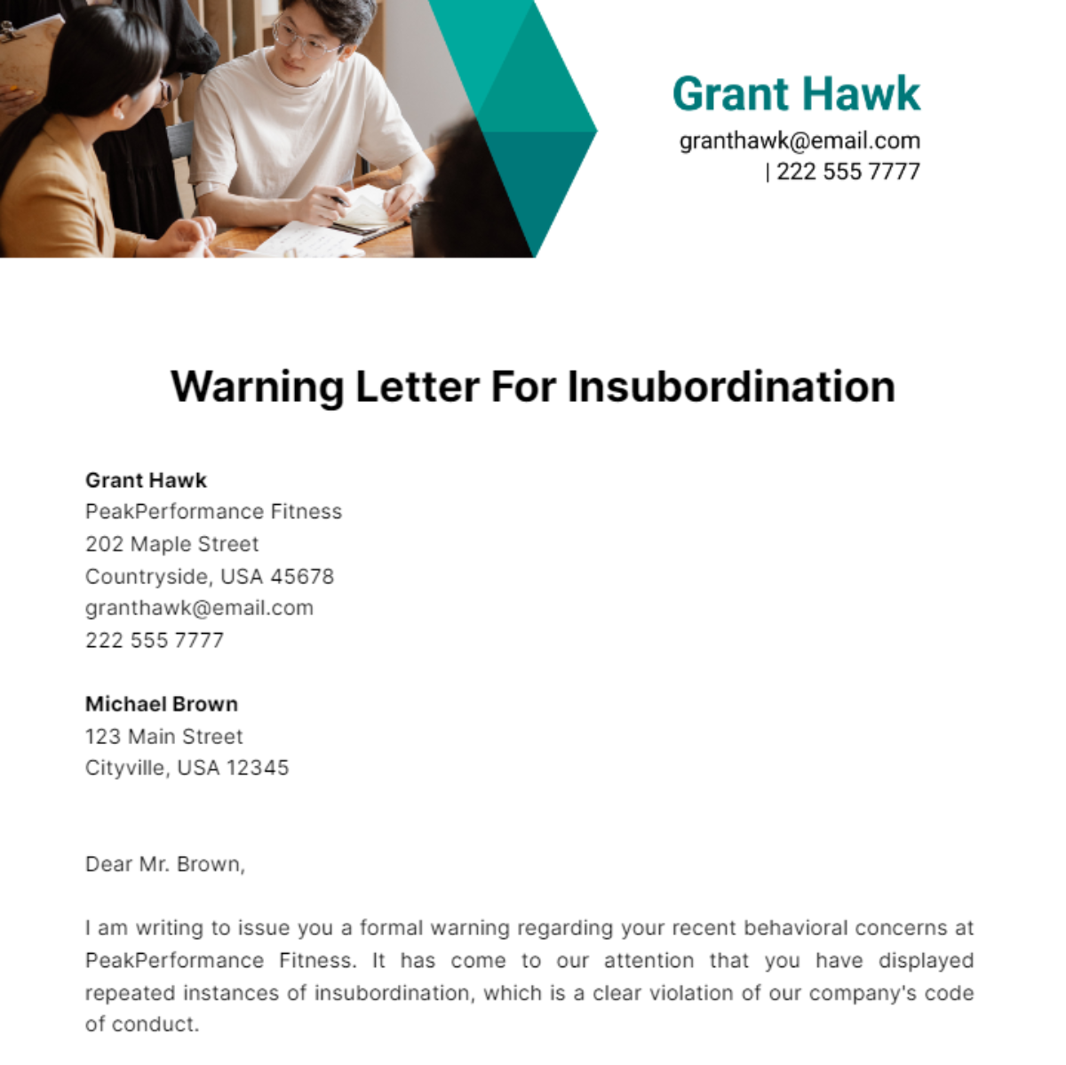 Free Warning Letter For Insubordination Template