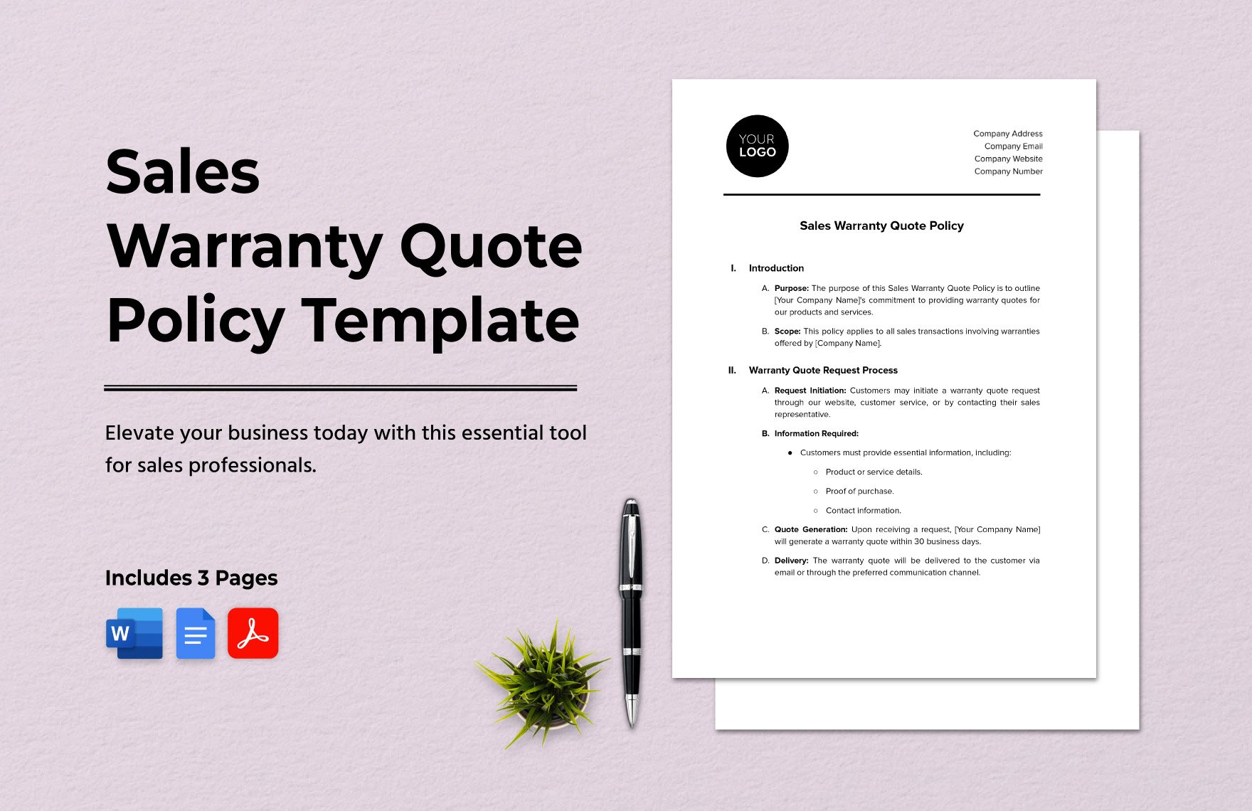 Sales Warranty Quote Policy Template in Word, Google Docs, PDF