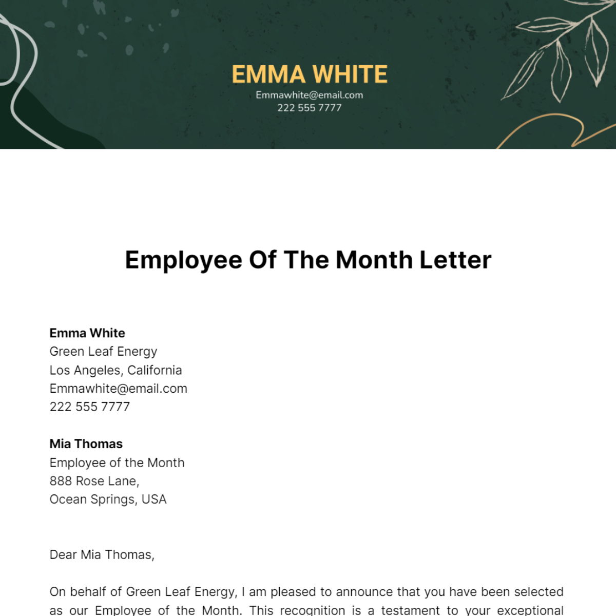 Employee of the Month Letter Template