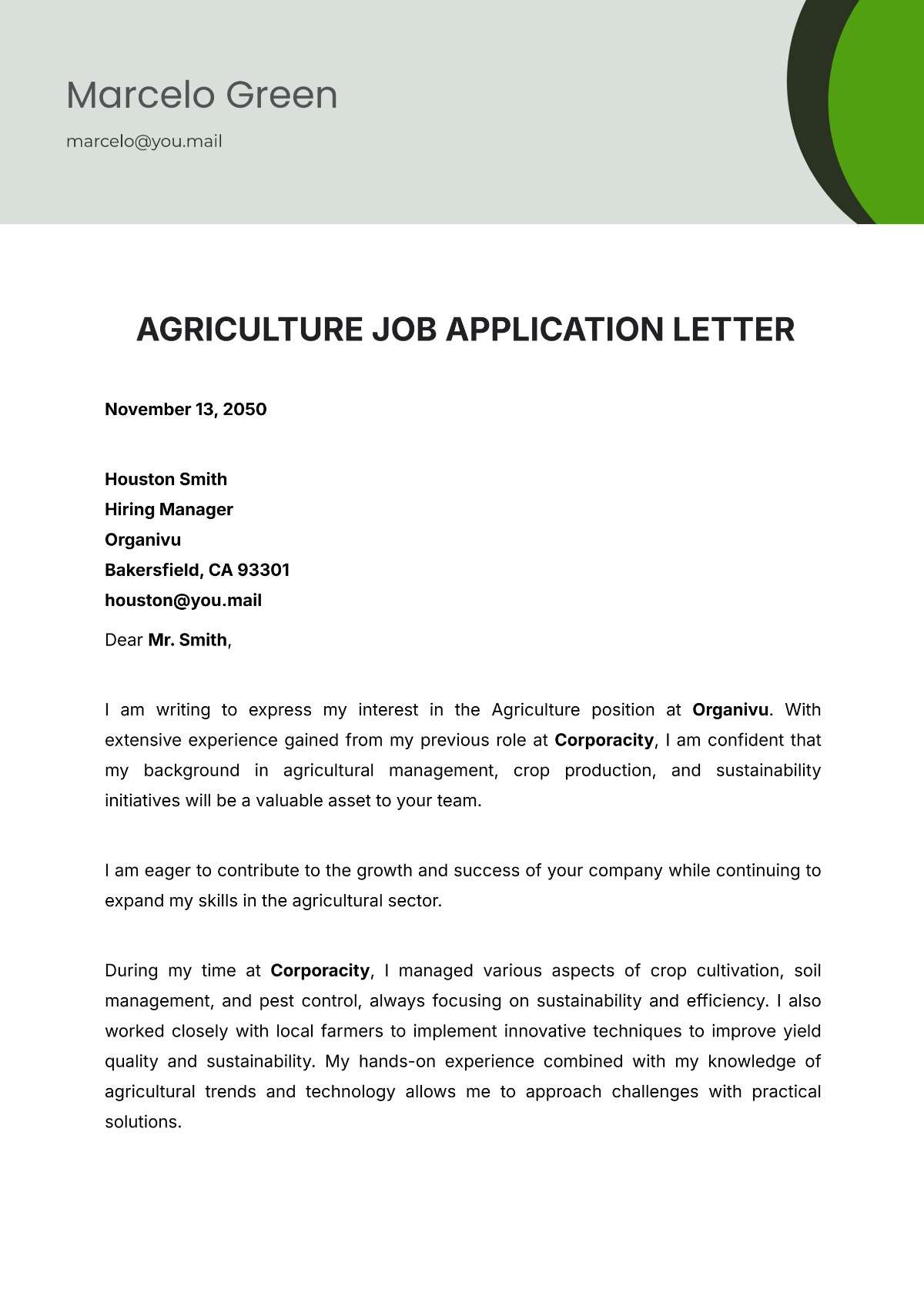 Agriculture Job Application Letter Template - Edit Online & Download