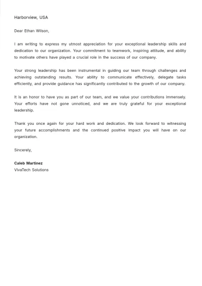 Free Employee Appreciation Letter For Leadership Template to Edit Online