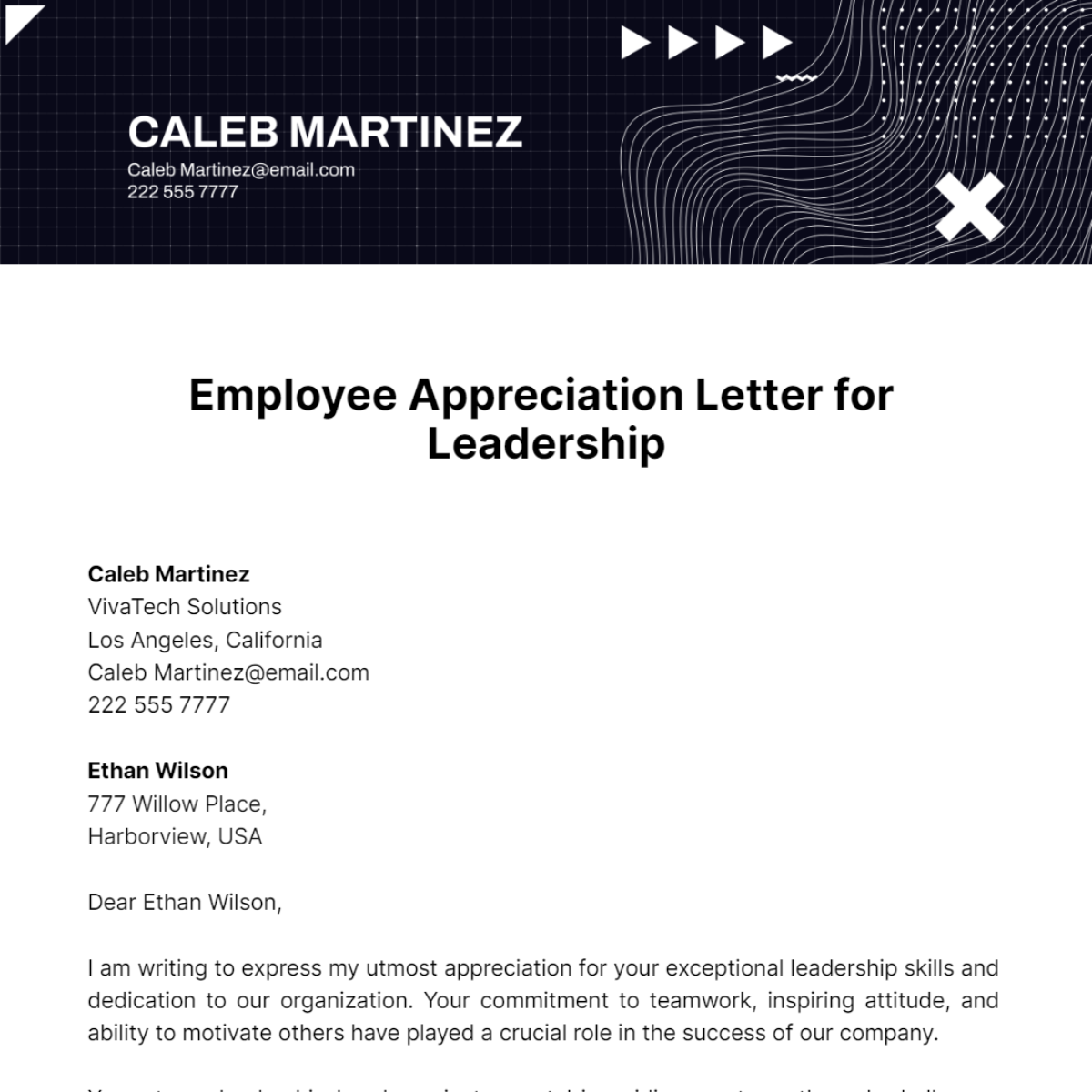 Employee Appreciation Letter For Leadership Template