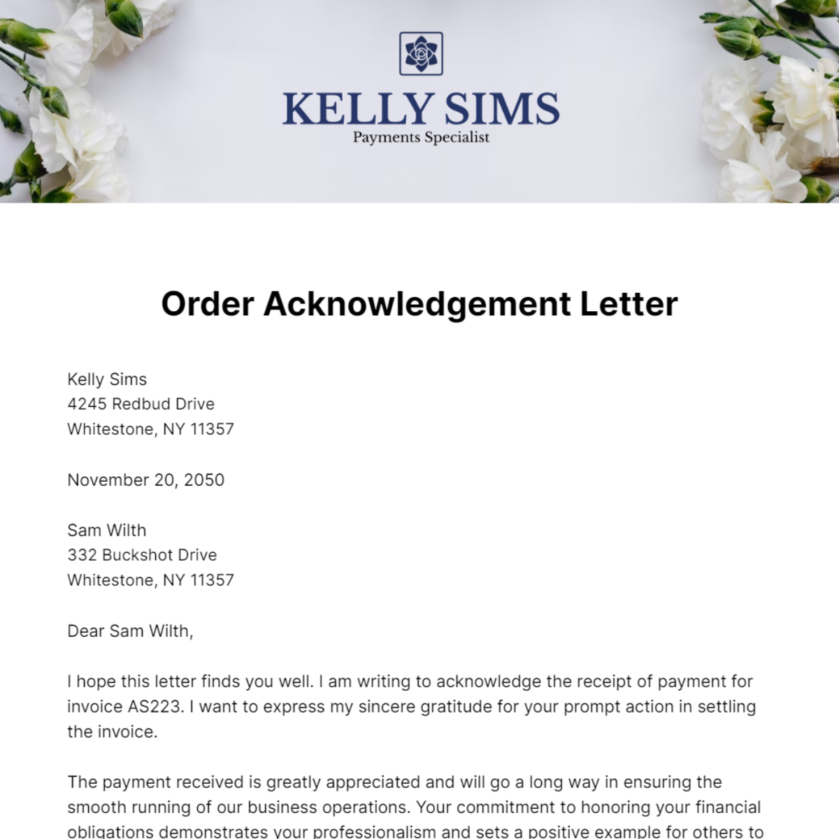 Order Acknowledgement Letter Template