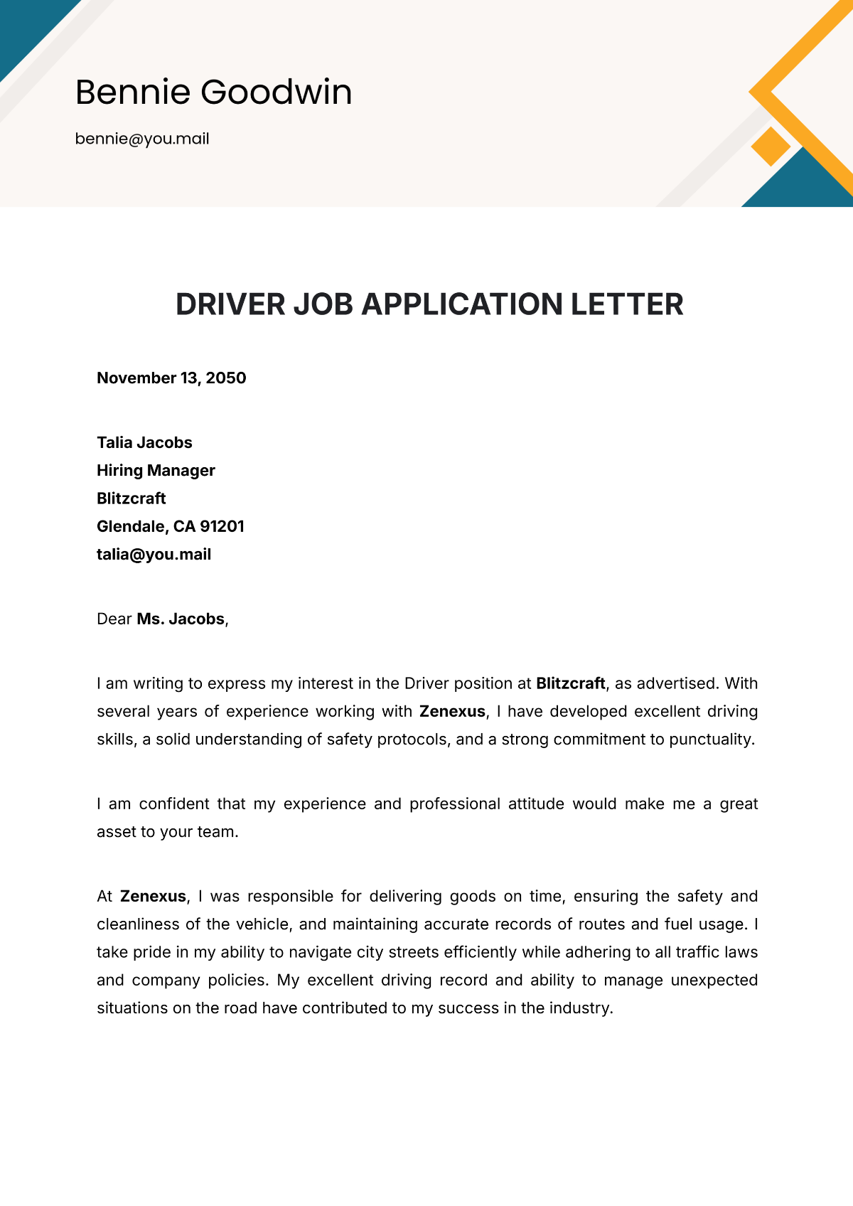 Driver Job Application Letter Template