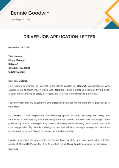 Free Driver Job Application Letter Template to Edit Online