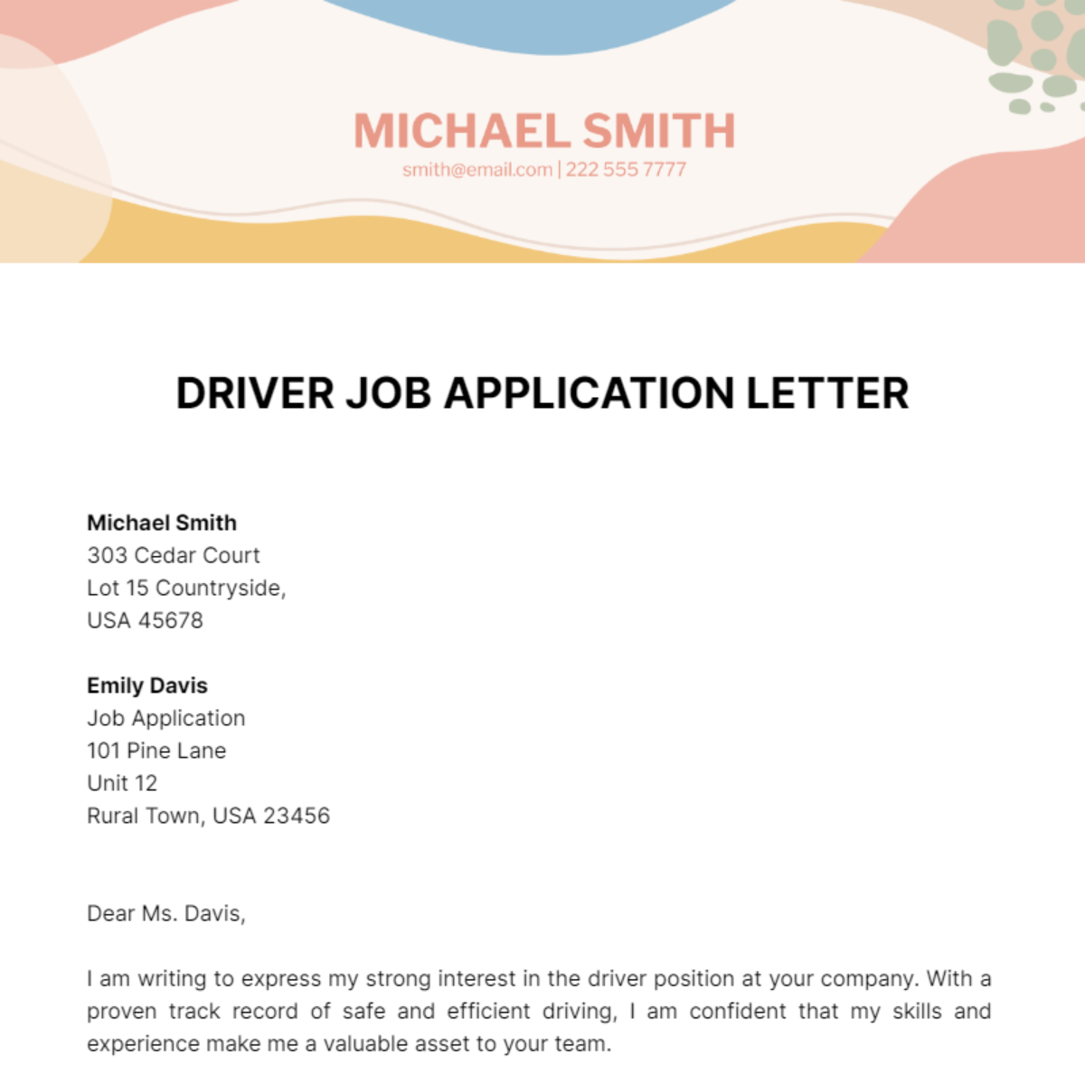 Driver Job Application Letter  Template