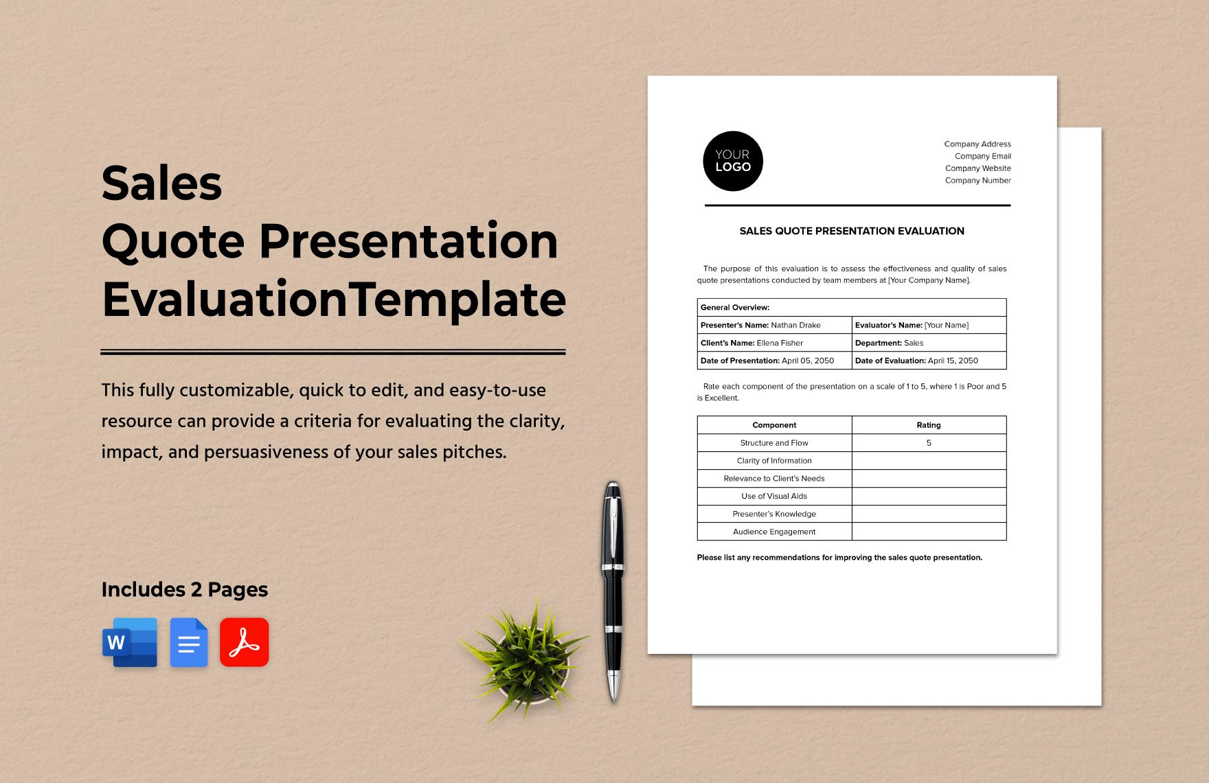 Sales Quote Presentation Evaluation Template in Word, Google Docs, PDF